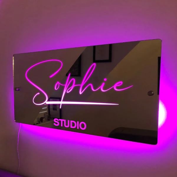 Custom Name LED Neon Sign Mirror - Personalized Light Up Wall Decor for Bedroom, Living Room & Kids Room | Dimmable Night Light, Unique Gift Idea for Home Decor & Special Occasions | Perfect for Birthday Parties, Wedding Decor & Nursery Wall Art