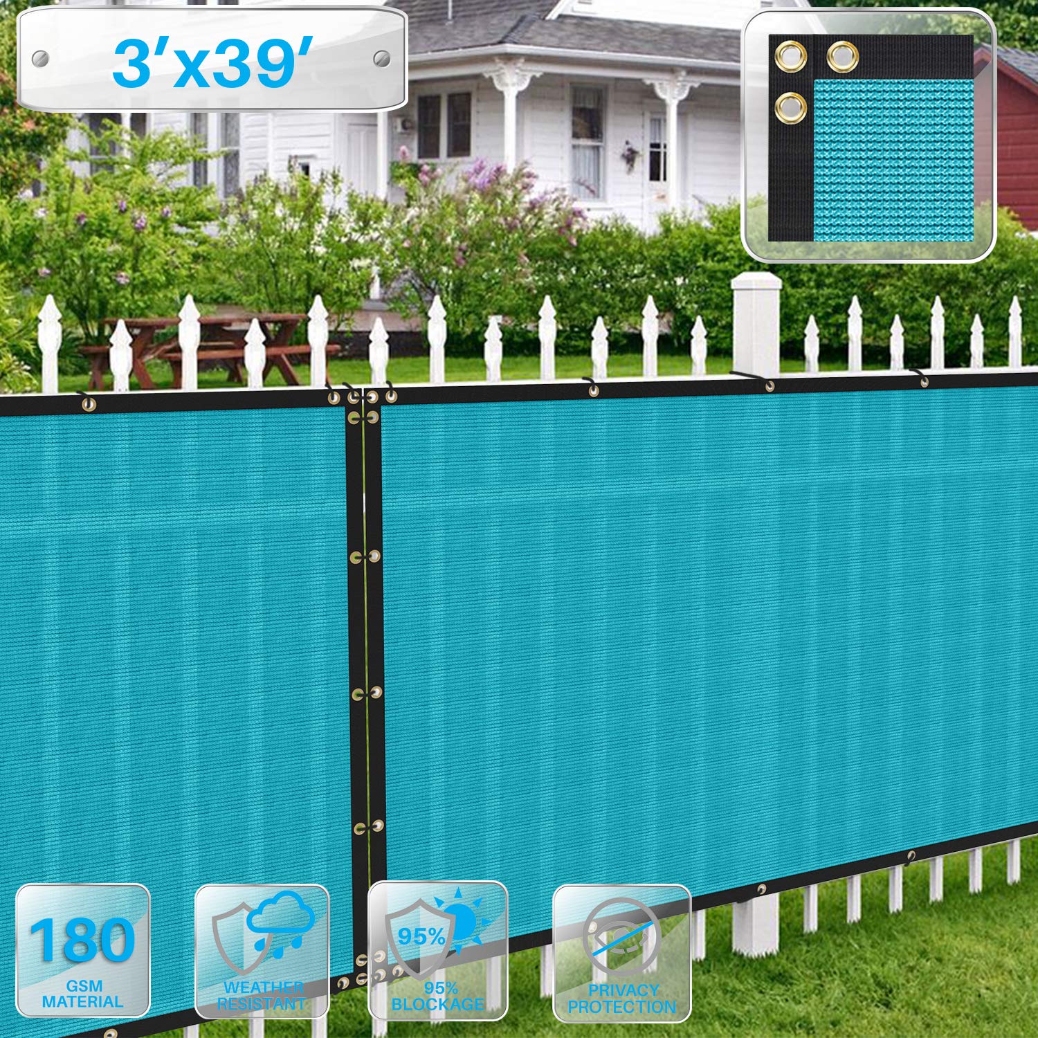 3'x39' Turquoise Privacy Screen Fence - UV Blocking 180 GSM Mesh Shade Net with Brass Grommets for Garden & Backyard