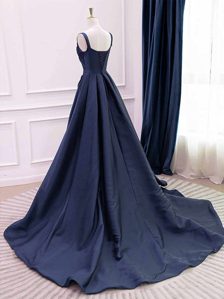 Elegant A-Line Satin Dark Blue Long Prom Dress & Evening Gown for Formal Events, Homecoming, Weddings & Special Occasions