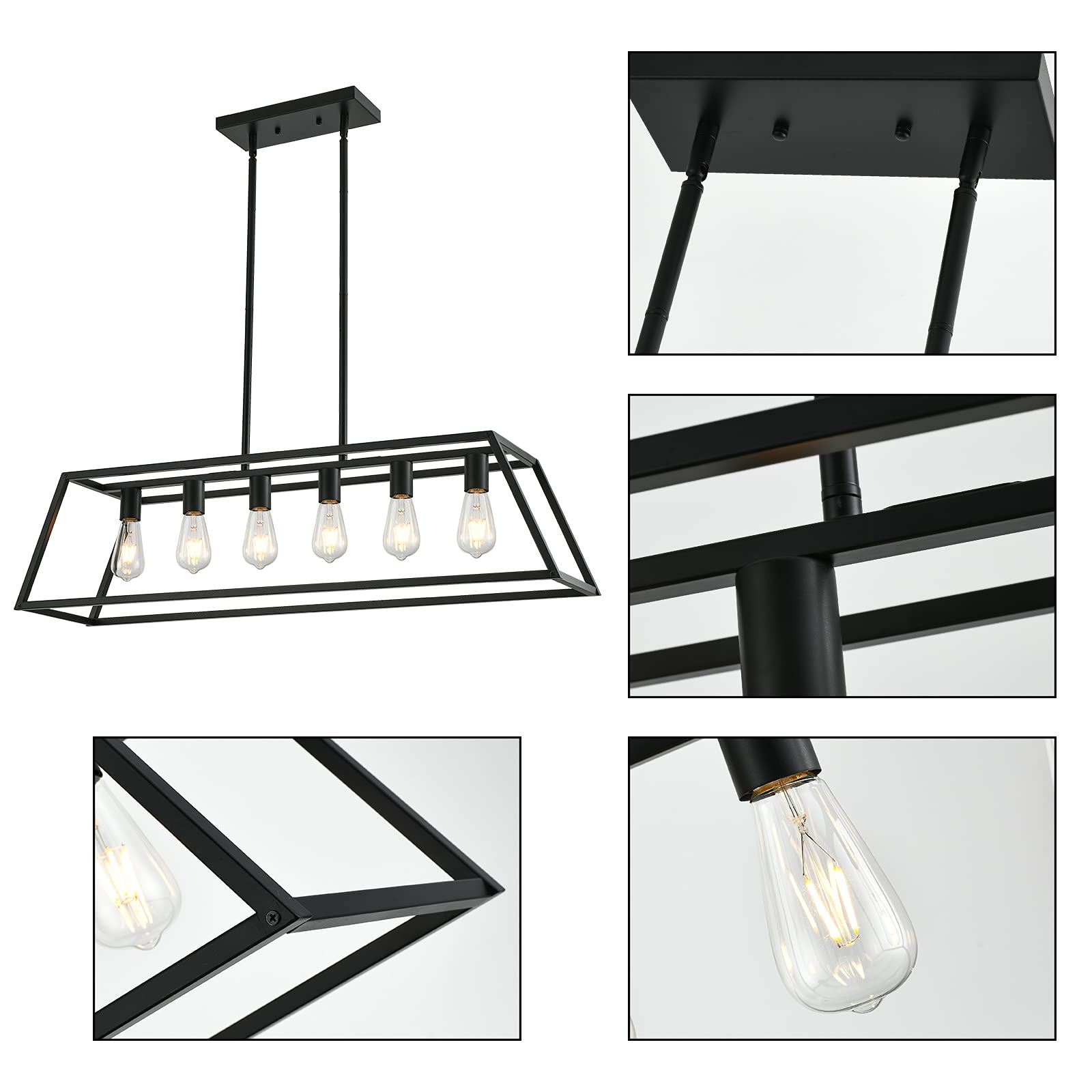 XILICON 6-Light Black Rectangle Farmhouse Chandelier - Modern Dining Room Pendant Light Fixture for Kitchen, Living Room, Foyer & Bar | Rustic Industrial Ceiling Lighting for Home Decor