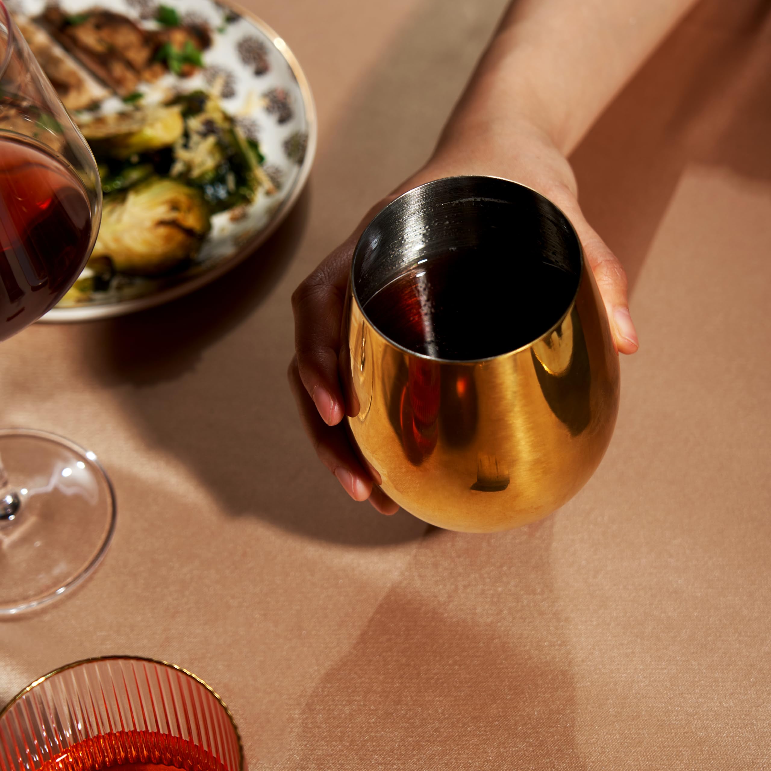 Viski Gold Stemless Wine Glasses Set of 2 - Elegant Belmont Crystal-Free Tumbler for Red Wine, White Wine & Cocktails - Perfect for Dinner Parties, Weddings & Home Entertaining