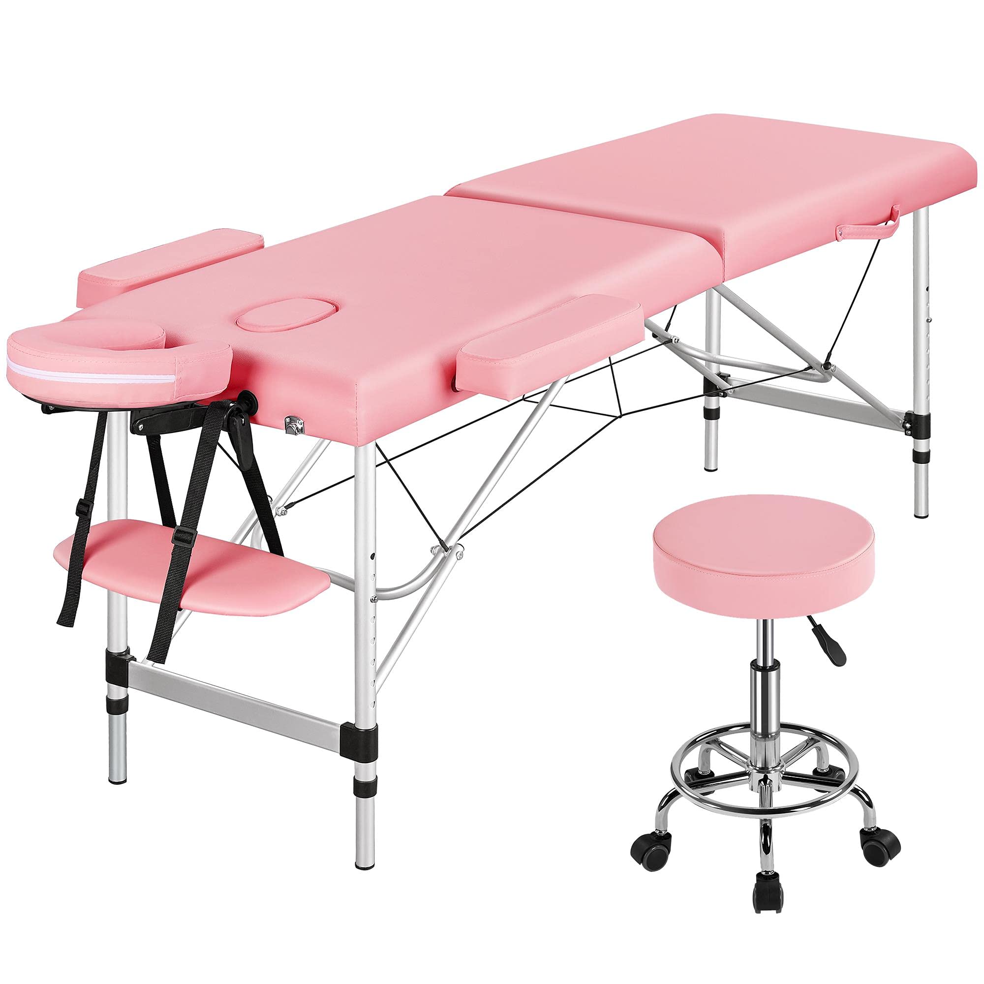 Yaheetech 2-Section Adjustable Massage Bed - Foldable Spa Table with Swivel Stool for Salon & Massage Therapy - Pink - Perfect for Home Spa, Professional Massage Clinics and Beauty Salons