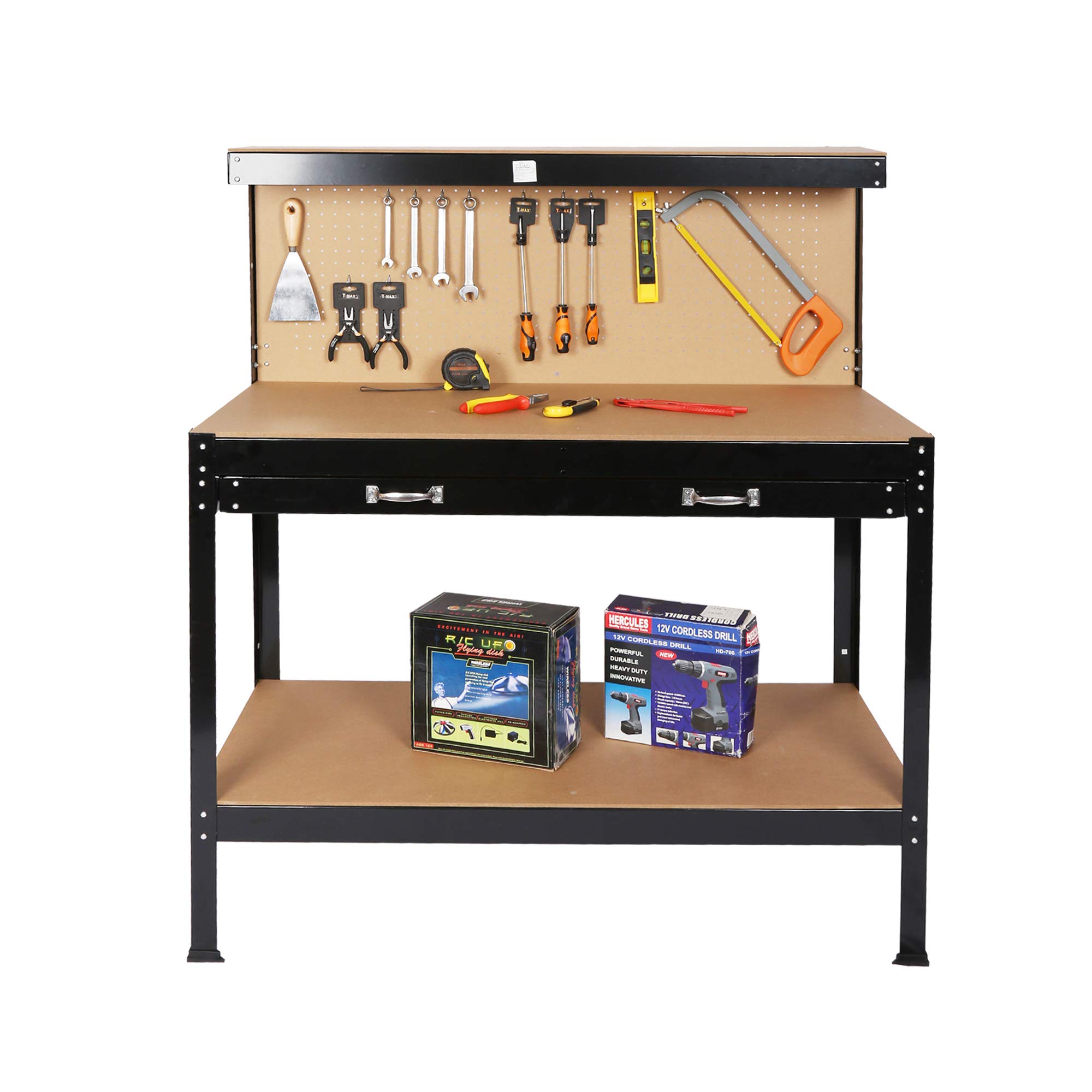 Heavy Duty Wood Workbench with Drawers & Pegboard - Sturdy Garage Work Table for DIY Projects, Woodworking, Home Workshop & Garage Organization - Perfect for Tools Storage & Crafting Workspace
