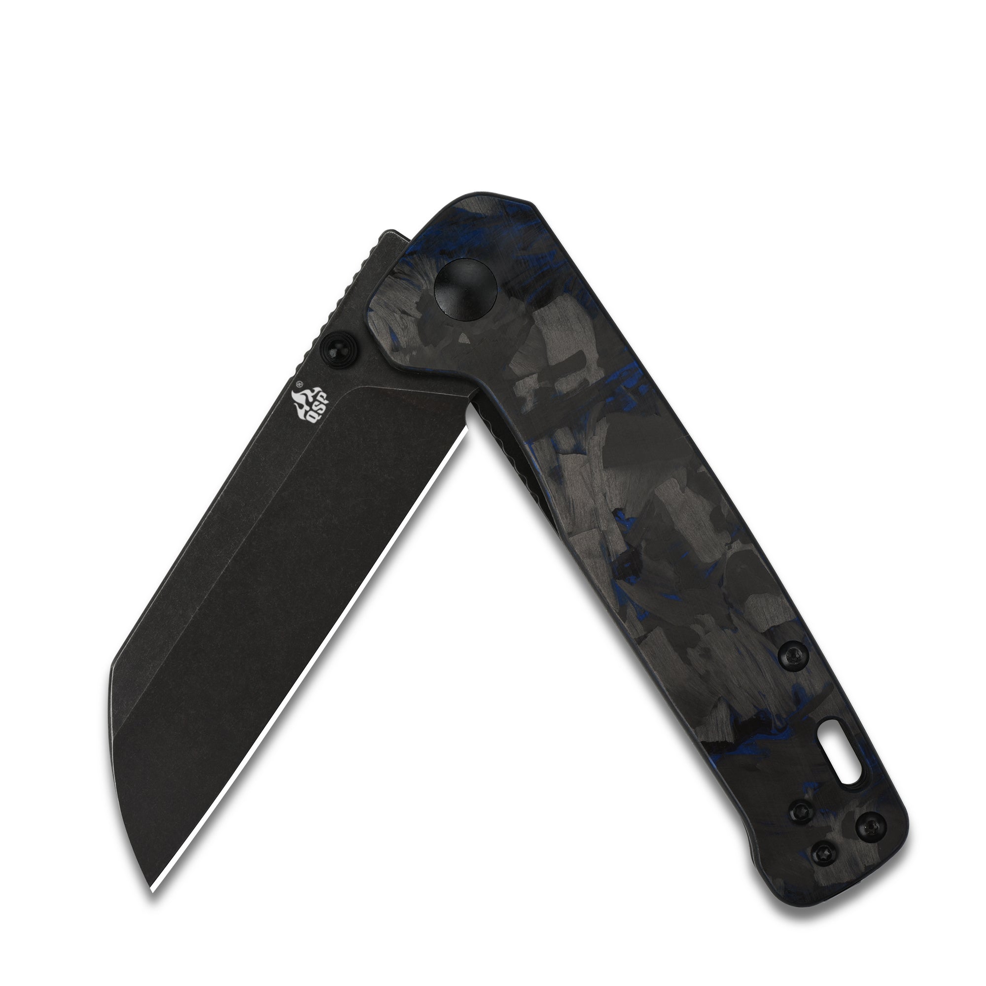 QSP Penguin Liner Lock Pocket Knife - D2 Steel Blade, Blue Shredded Carbon Fiber & G10 Handle - EDC, Camping, Hiking, Outdoor Survival Tool