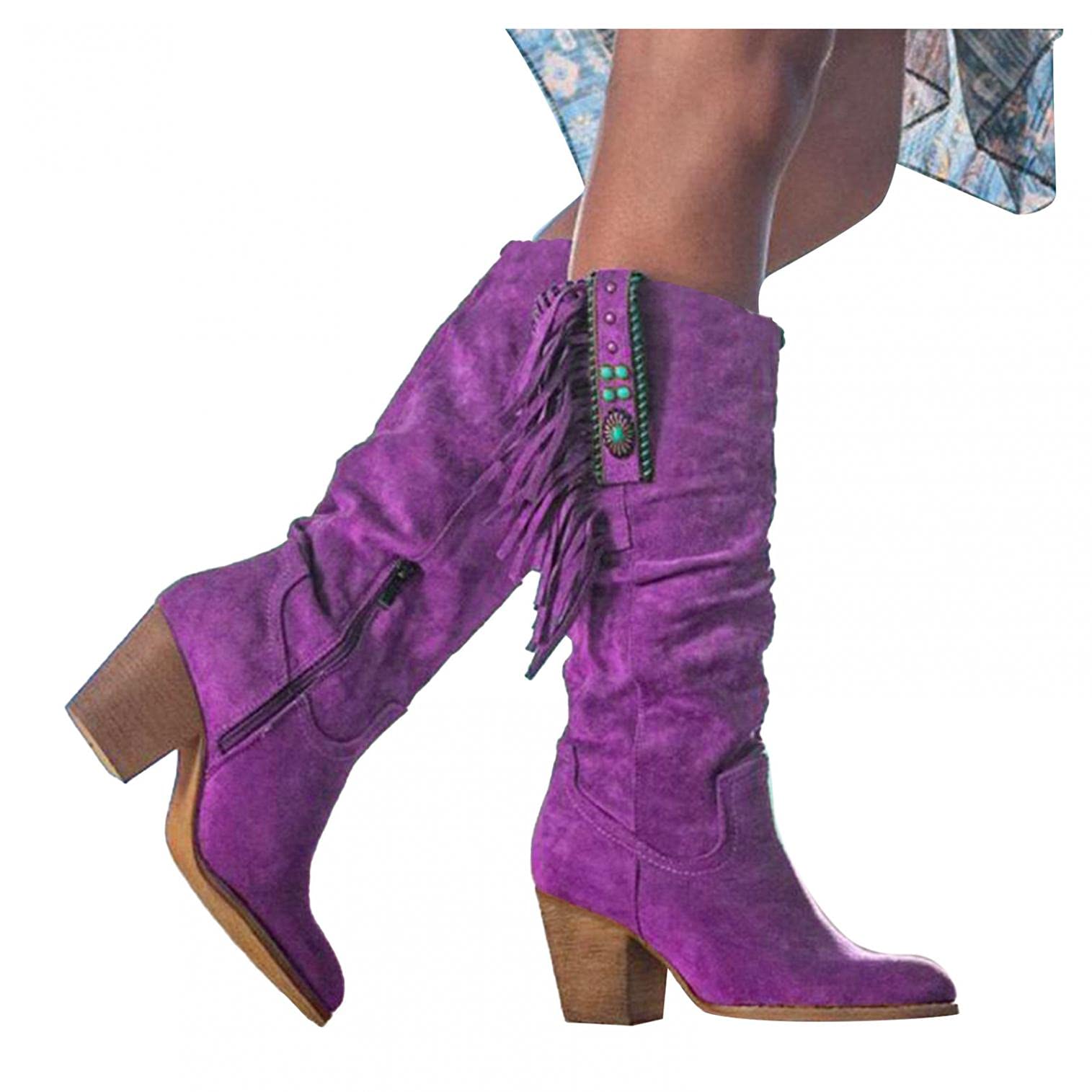 NOLDARES Women's Thigh High Buckle Stretch Wedge Boots with Side Zipper - Slip On Over The Knee Block Heel Boots for Casual Wear, Party & Night Out