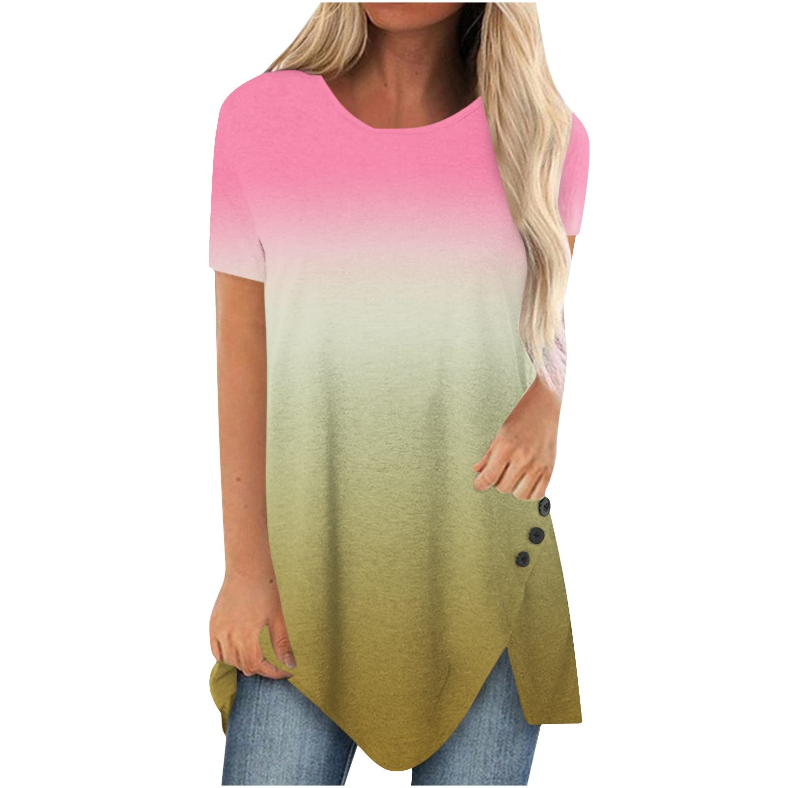 Women's Plus Size Printed Round Neck Short Sleeve Blouse - Flowy Button Down T-Shirt Top for Casual & Dressy Occasions | Office Wear, Date Night & Summer Outfits