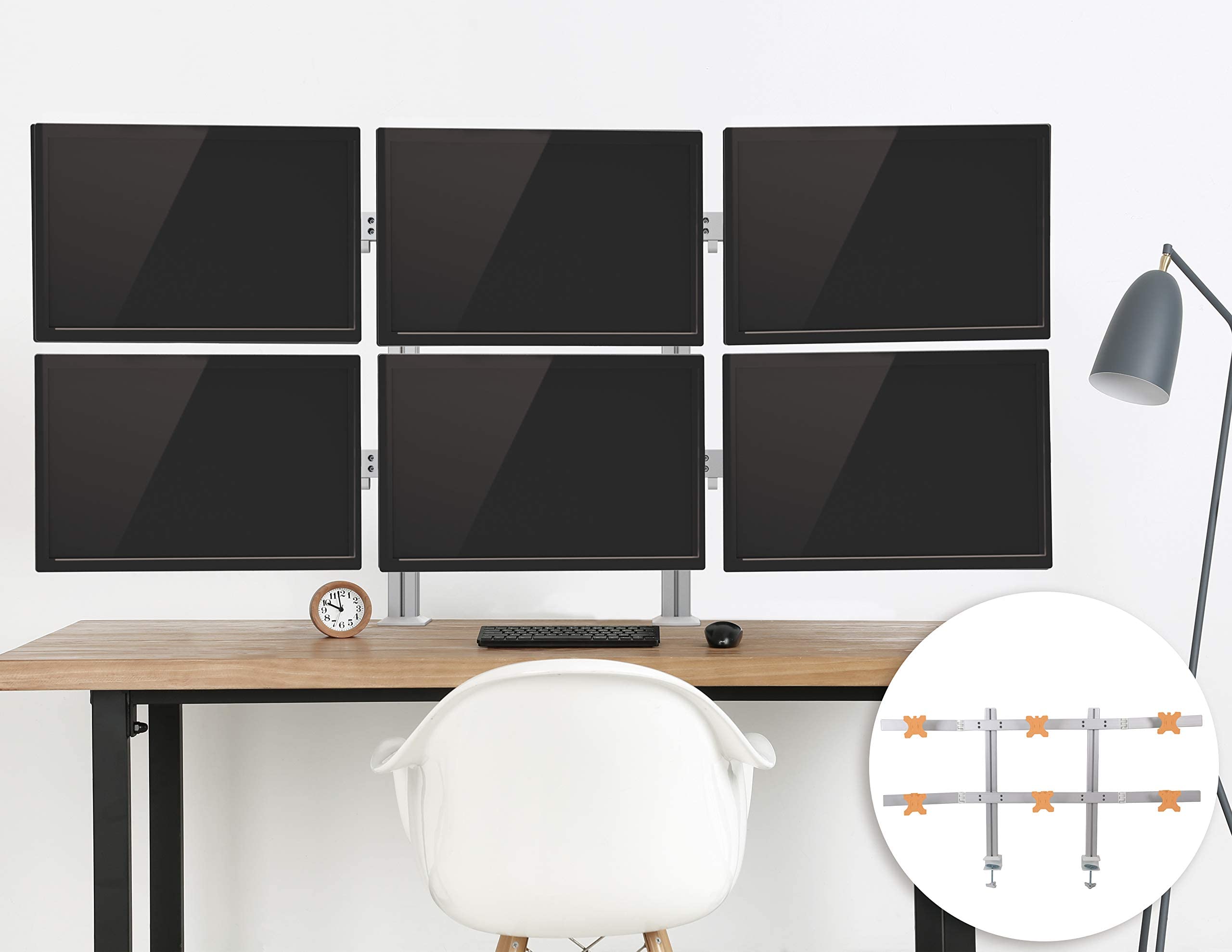 Heavy-Duty 6 Monitor Stand with Adjustable Height & Swivel Arm - VESA Mount for 6 LCD/LED Screens 17-32 inches, Clamp-On Base (Silver) - Perfect for Gaming Setup, Office Workstation & Multi-Tasking Professionals