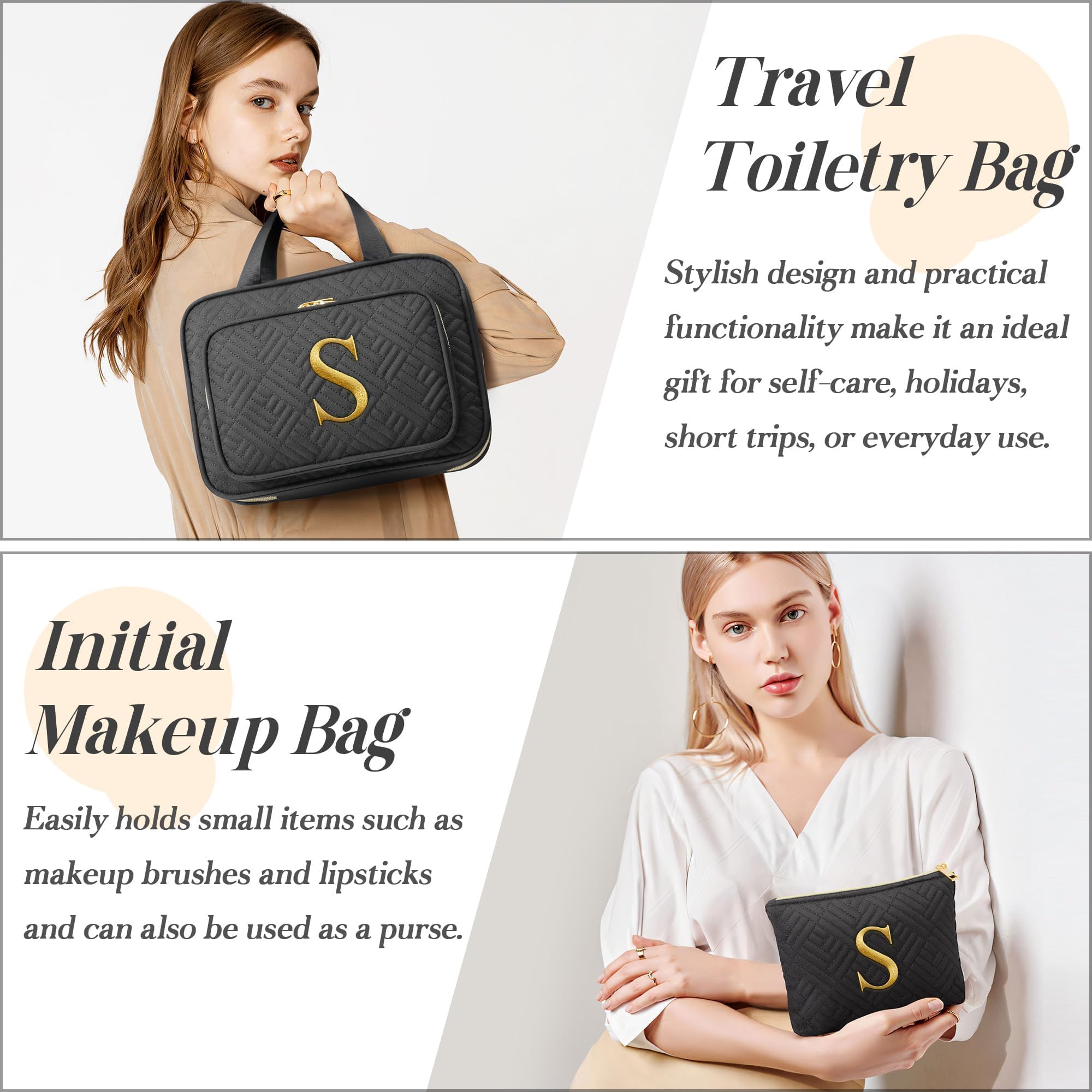 Personalized Initial Hanging Toiletry Bag & Makeup Bag Set - 2 PCS Embroidered Letter Travel Organizer Cosmetic Bags for Women | Perfect Birthday, Easter Gift for Mom, Wife, Sister, Friend, Teacher | Great for Travel, Vacation, Gym & Daily Use