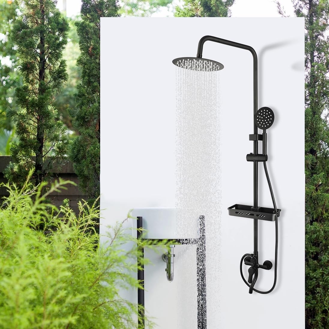 KECTIAKL Matte Black Outdoor Shower System - 8 Inch Rainfall Shower Head with 3 Spray Modes, Wall Mounted Bathroom Shower Fixtures Set Including Shower Caddy - Perfect for Backyard, Poolside, and RV Use