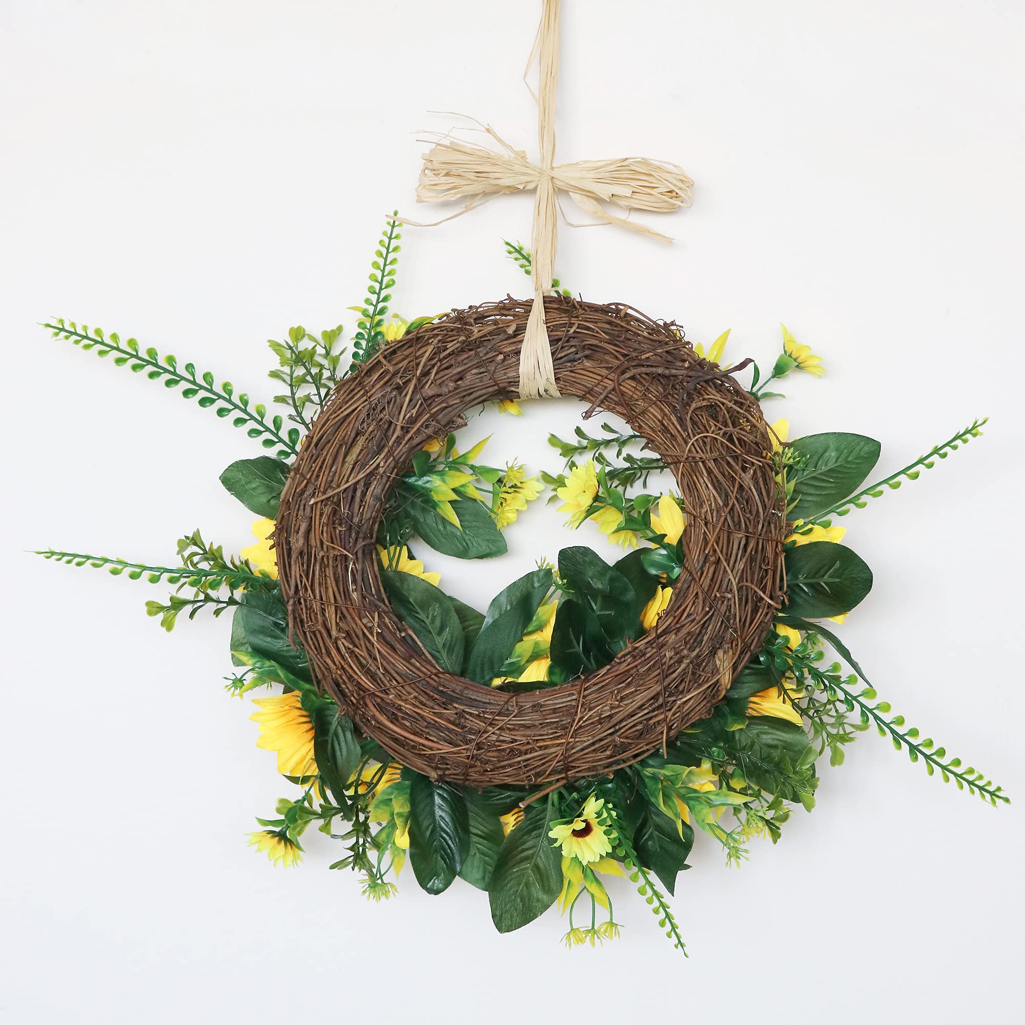 Ansuma Silk Sunflower Wreath - Rustic Farmhouse Decor with Buffalo Plaid Bow, Grapevine Rattan & Daisy Leaves for Front Door, Wall, Window - Perfect for Home Decor, Weddings & Seasonal Parties (001SF)