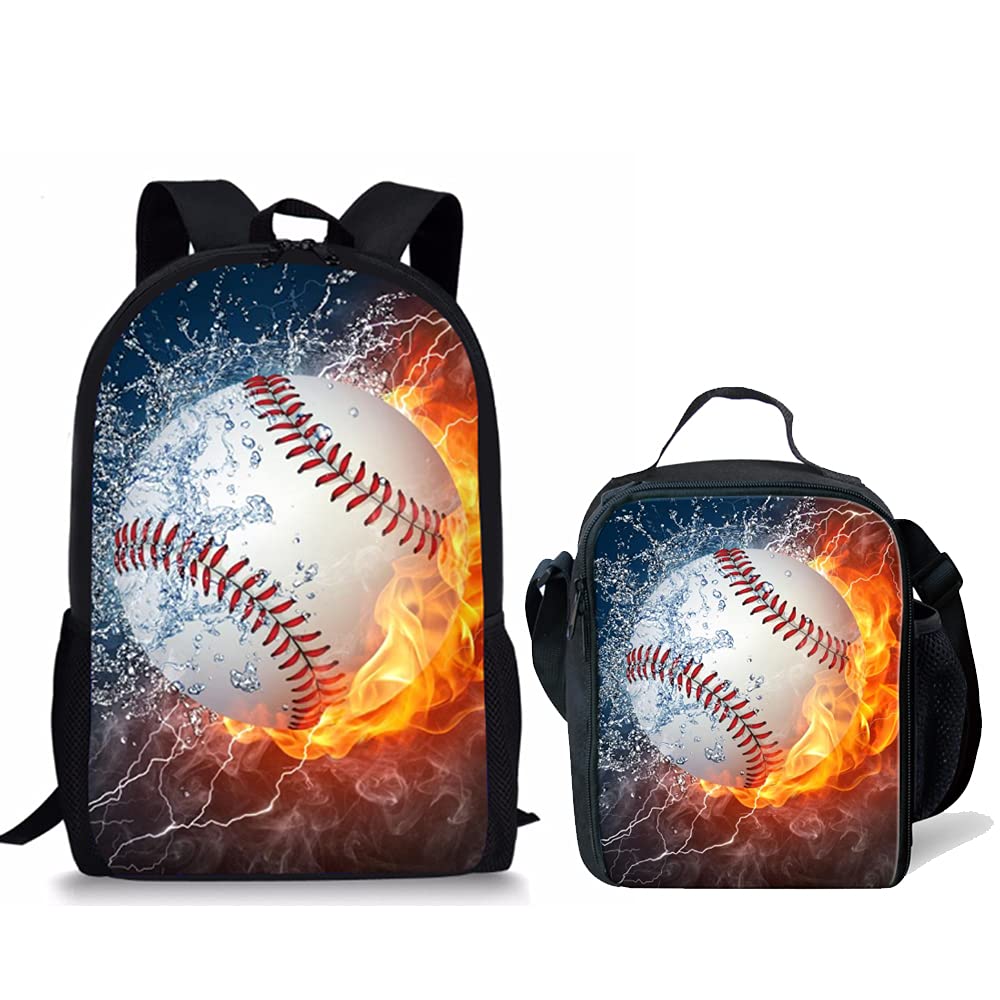 Durable Lightweight Backpack for School with Lunch Box - Cool Baseball Print Bookbag Set - Perfect for Students, Back to School Gift, Classroom & Outdoor Activities