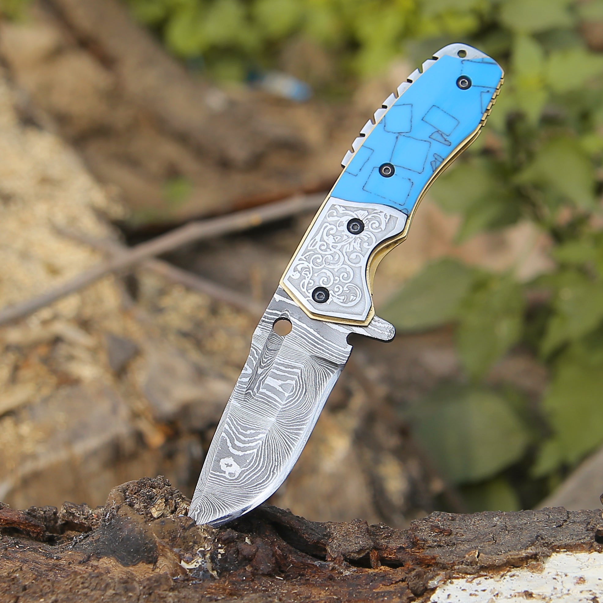 Premium Damascus Steel Folding Knife with Turquoise Resin Handle - EDC Pocket Knife for Camping, Hiking & Outdoor Adventures