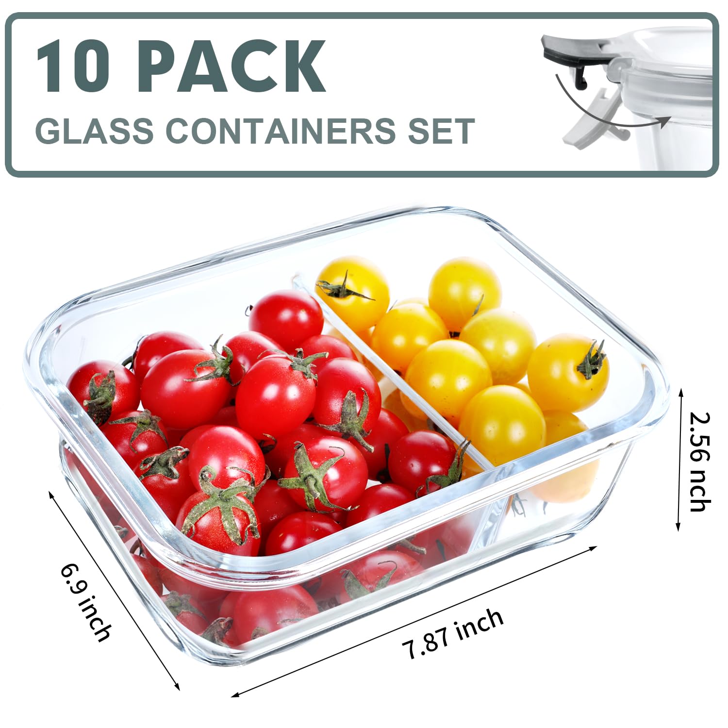VERONES 10-Pack Glass Meal Prep Containers with 2 Compartments, 30oz Airtight Food Storage Containers with Lids - Microwave, Oven, Freezer & Dishwasher Safe (Grey) - Perfect for Meal Prepping, Lunches, Leftovers & Food Storage