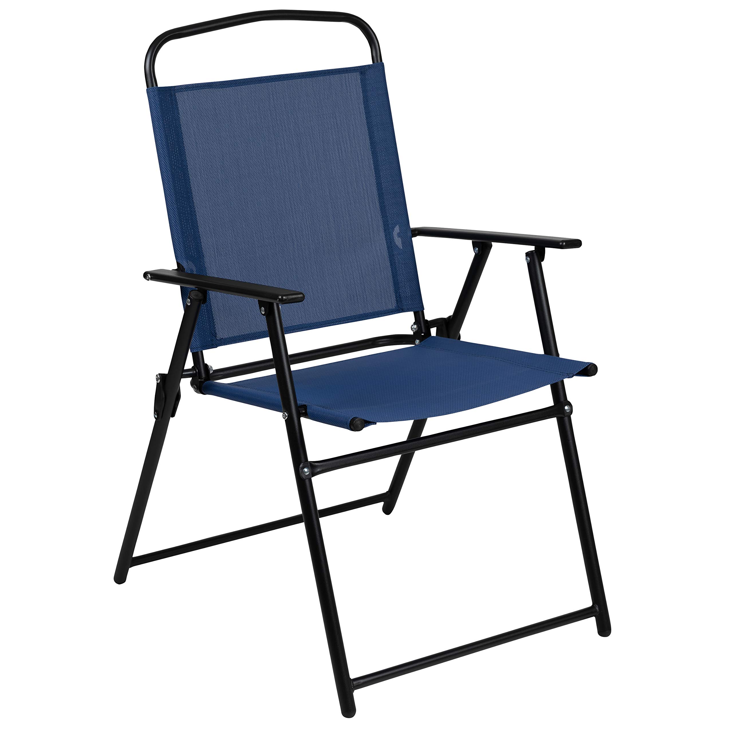 EMMA + OLIVER 6-Piece Navy Blue Outdoor Patio Furniture Set with Glass Table, Sun Umbrella & 4 Foldable Chairs - Perfect for Garden, Backyard, Poolside & Outdoor Dining