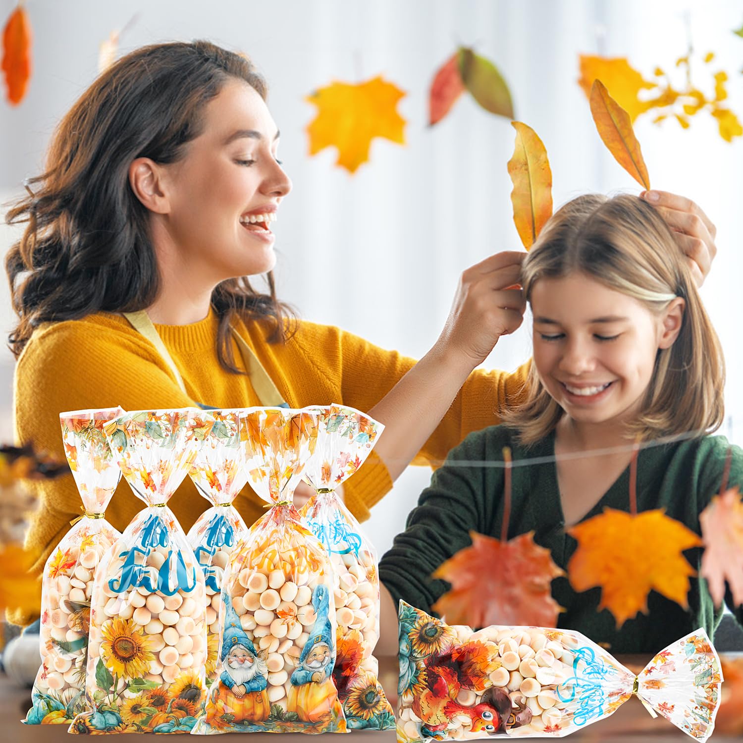 FOIMAS 160pcs Autumn Cellophane Treat Bags - Maple Leaf & Pumpkin Design Fall Thanksgiving Candy Bags for Harvest Party Favors, Halloween Goodie Bags, School Classroom Snacks & Holiday Gift Packaging