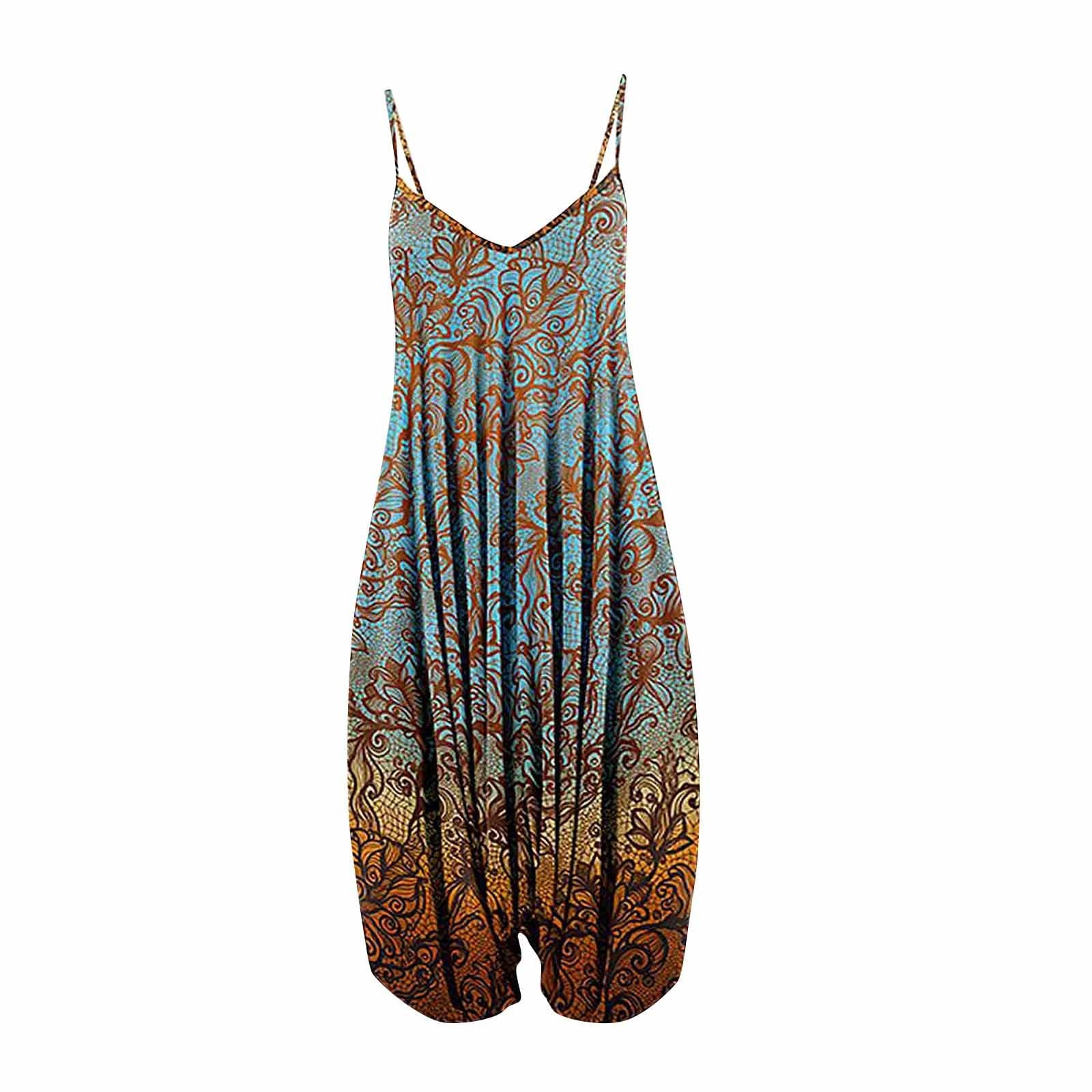Vintage Paisley Print Women's Wide Leg Overalls - Racerback Harem Jumpsuit with Spaghetti Straps | Casual Summer Outfit, Boho Chic Fashion, Festival Wear, Everyday Comfort Romper