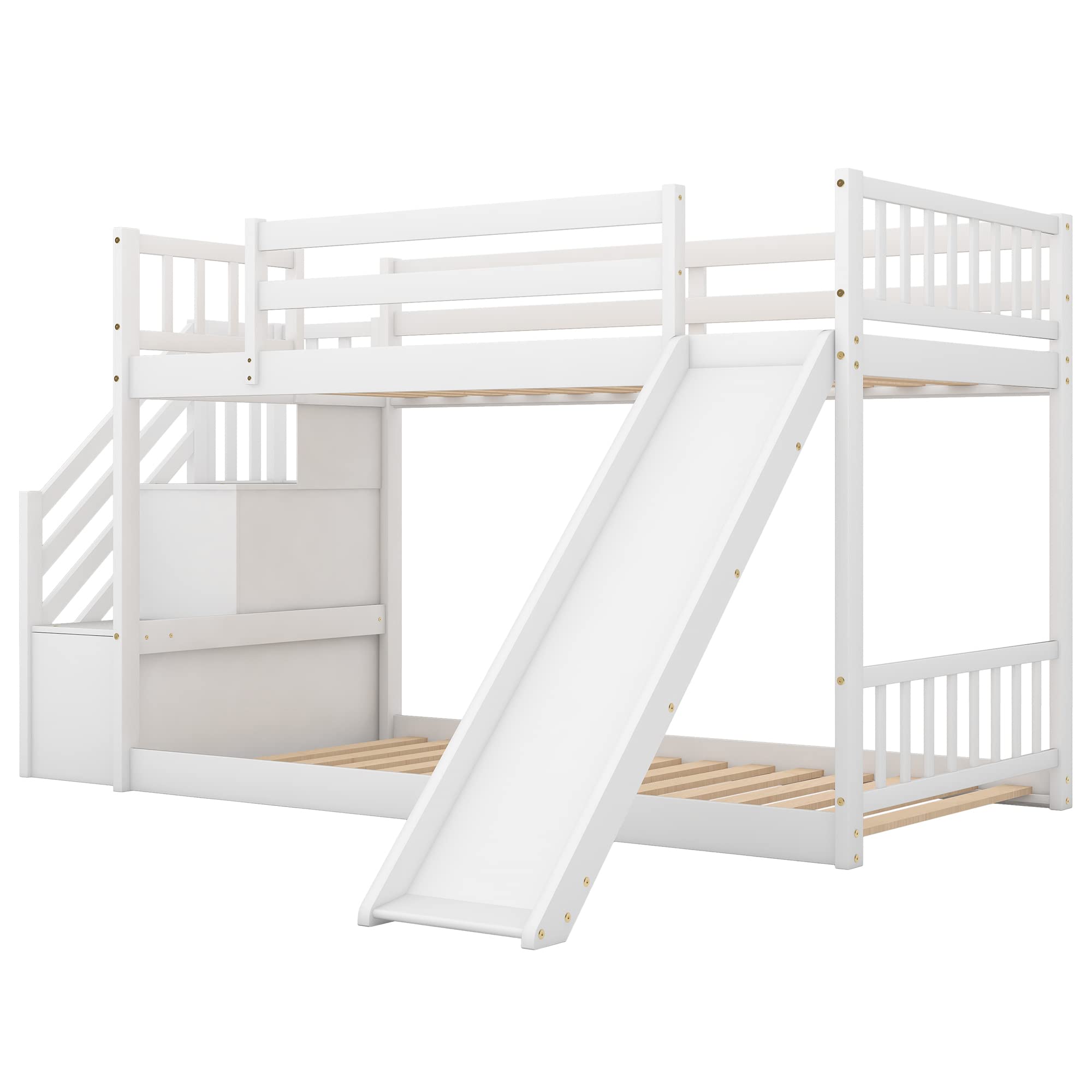 Twin Size Bunk Bed with Stairway & Convertible Slide - White Wood Bunk Bed Frame with Safety Guardrails, No Box Spring Needed - Space-Saving Twin Over Twin Bunk Bed for Kids' Bedroom, Dorm Room, or Small Space