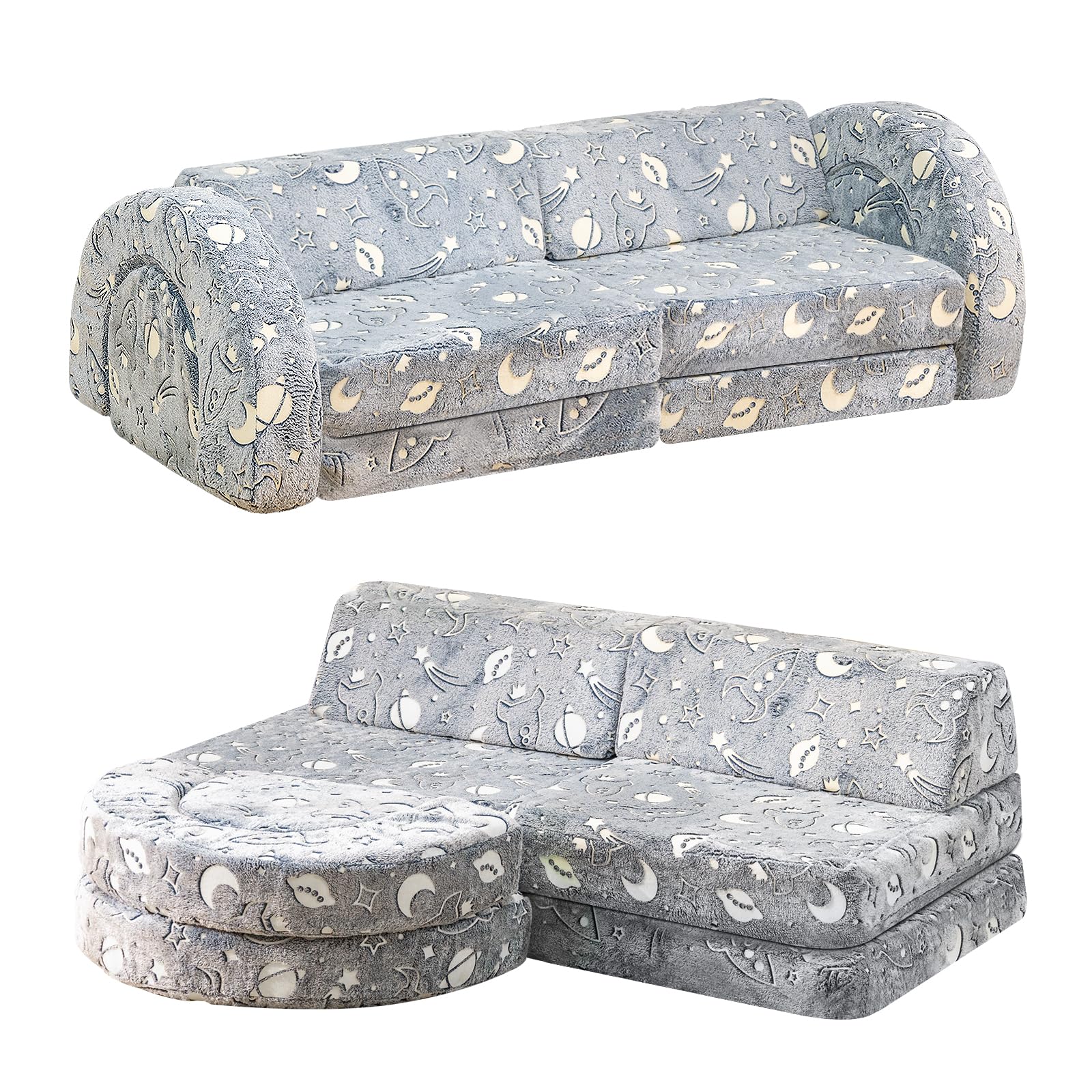 10Pcs Modular Kids Play Couch with Glow - Convertible Play Fort Sofa for Toddlers | Instant Rebound 28D Foam | Playroom & Bedroom Furniture | Gray & Space Theme | Perfect for Indoor Playtime, Sleepovers & Creative Fun