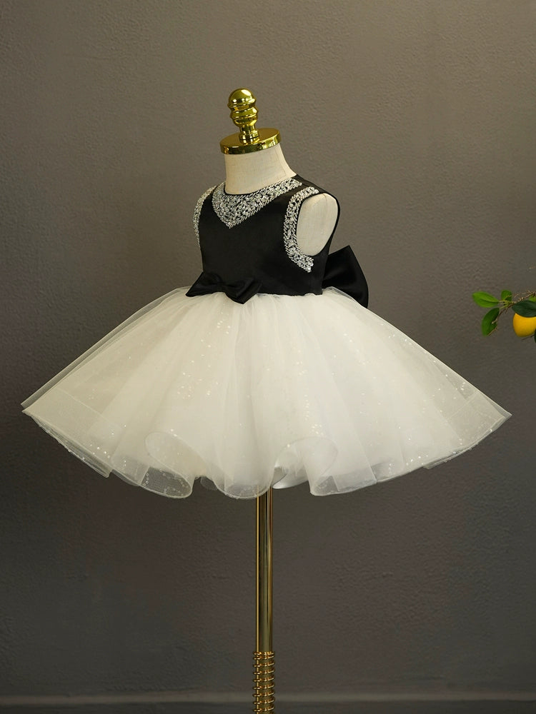 Black Princess Round Tea Length Satin Flower Girl Dress for Weddings, Flower Girls & Special Occasions