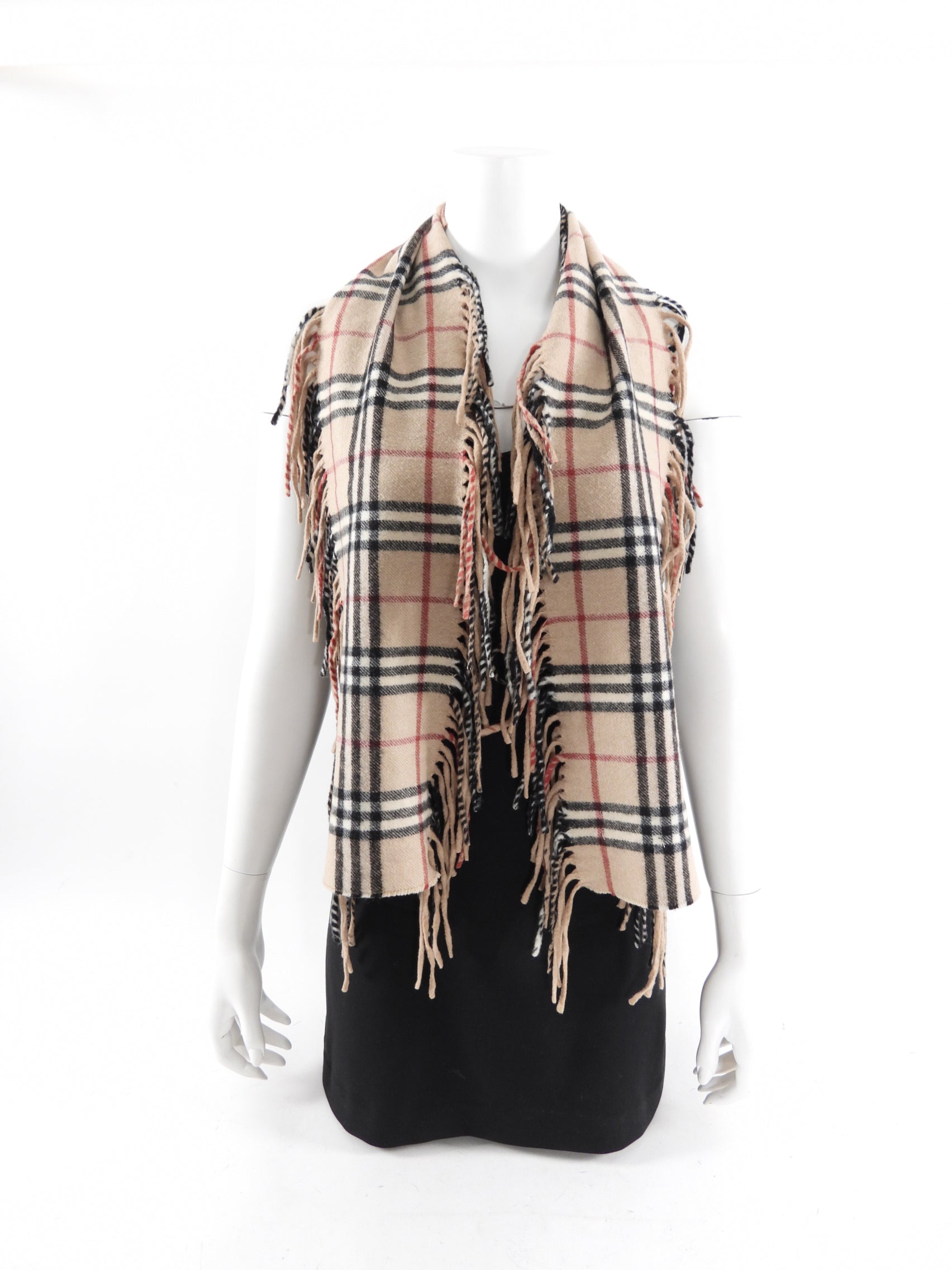 Burberry Beige Nova Check Cashmere Fringe Scarf - Luxury Warm Winter Accessory for Women & Men, Perfect for Cold Weather, Travel & Fashion Outfits