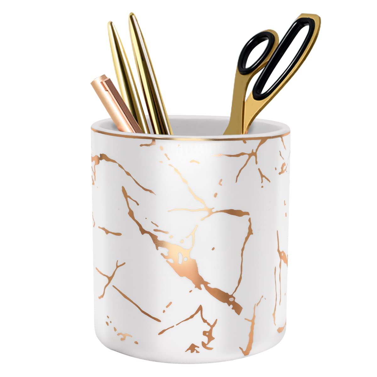 Ceramic Pen Holder for Desk - Marble Pencil Cup Organizer for Office & Makeup Brushes (White)