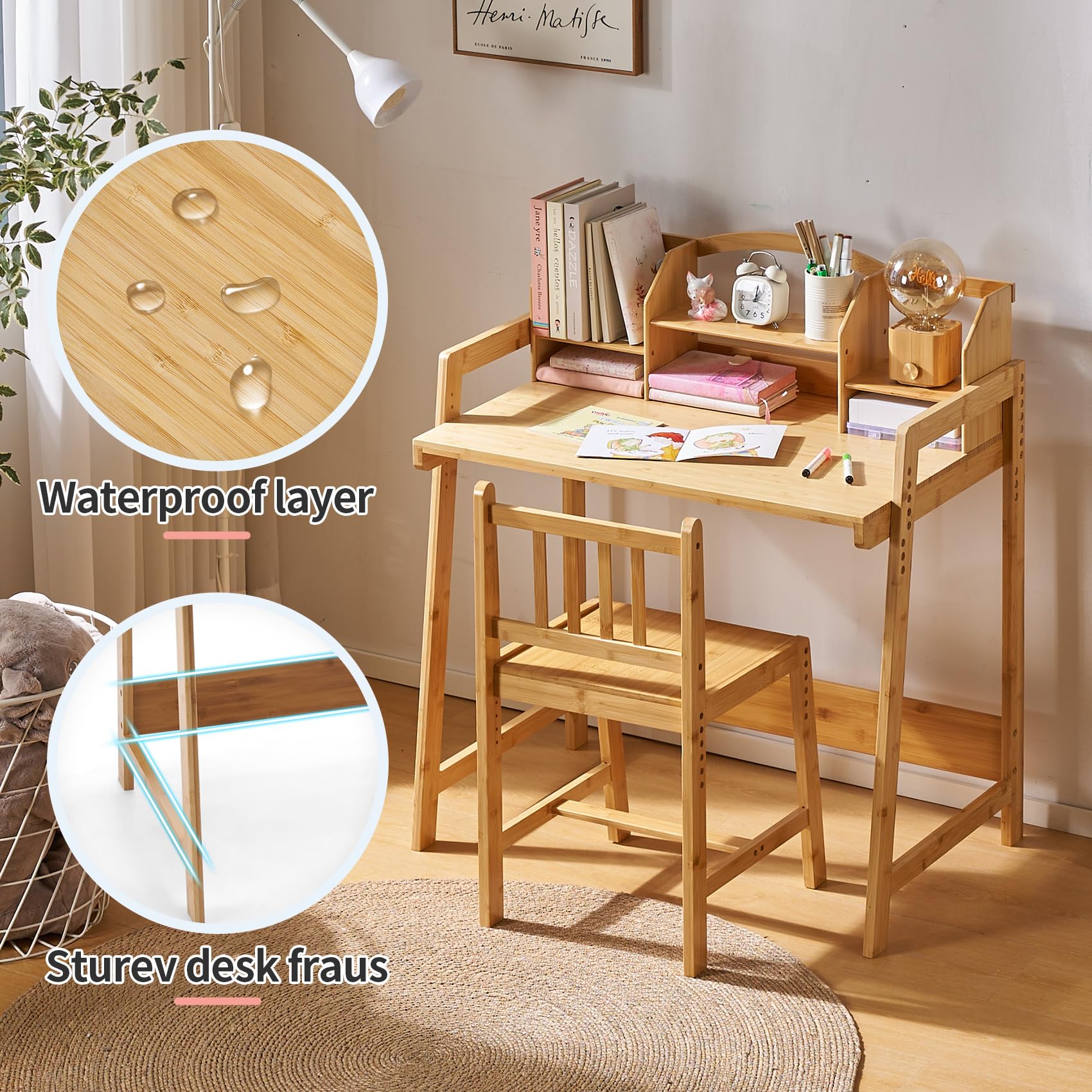 UNICOO Kids Desk and Chair Set - Ergonomic Study Desk for Children with Matching Chair - Durable Modern Homework & Art Station for Boys & Girls (Nature Theme) - Perfect for Homeschooling, Online Learning & Creative Activities