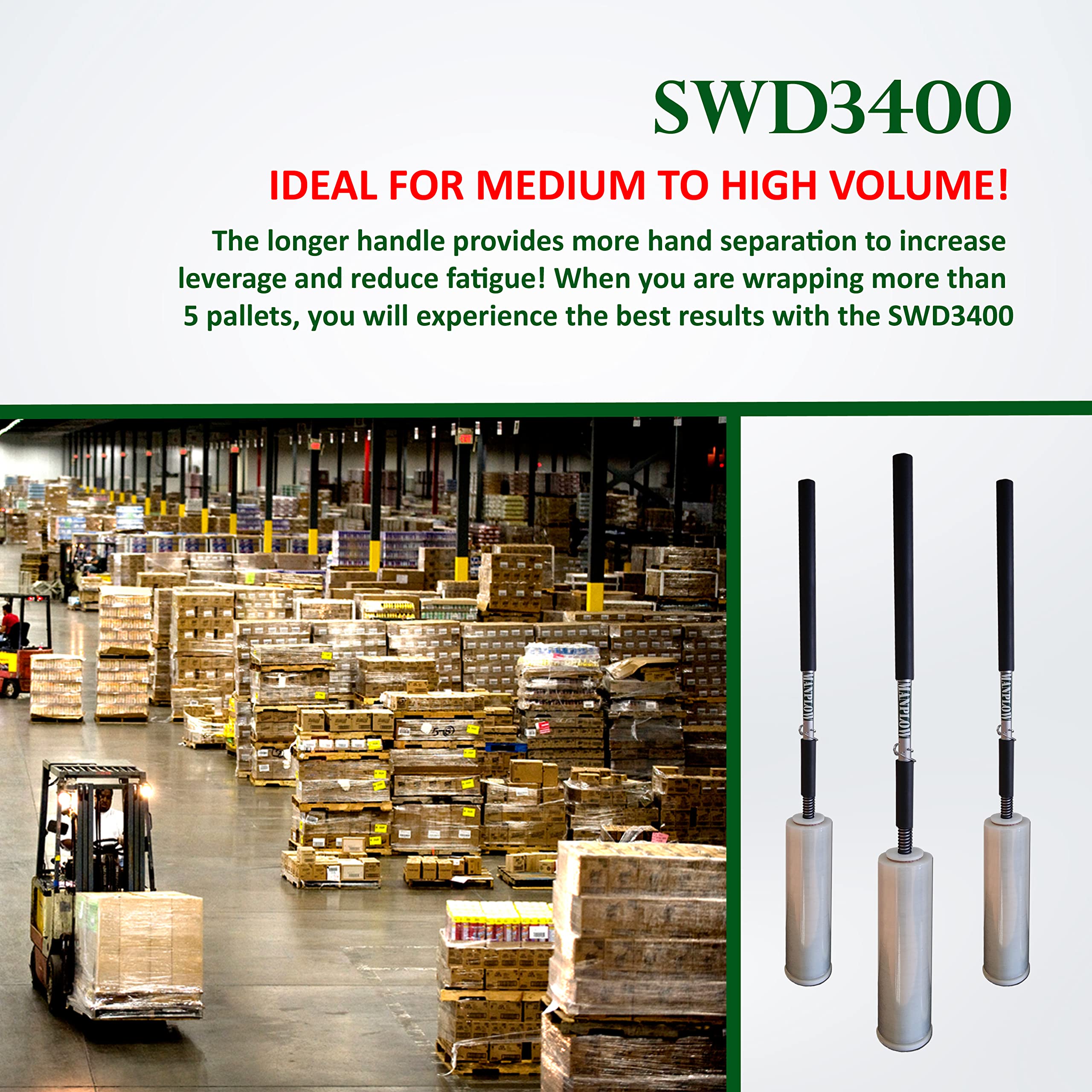 MANPLOW Long Handle Stretch Wrap Dispenser SWD3400 - Heavy Duty Pallet Wrapping Tool for Warehouse, Shipping & Moving - Ergonomic Design Saves Time & Effort
