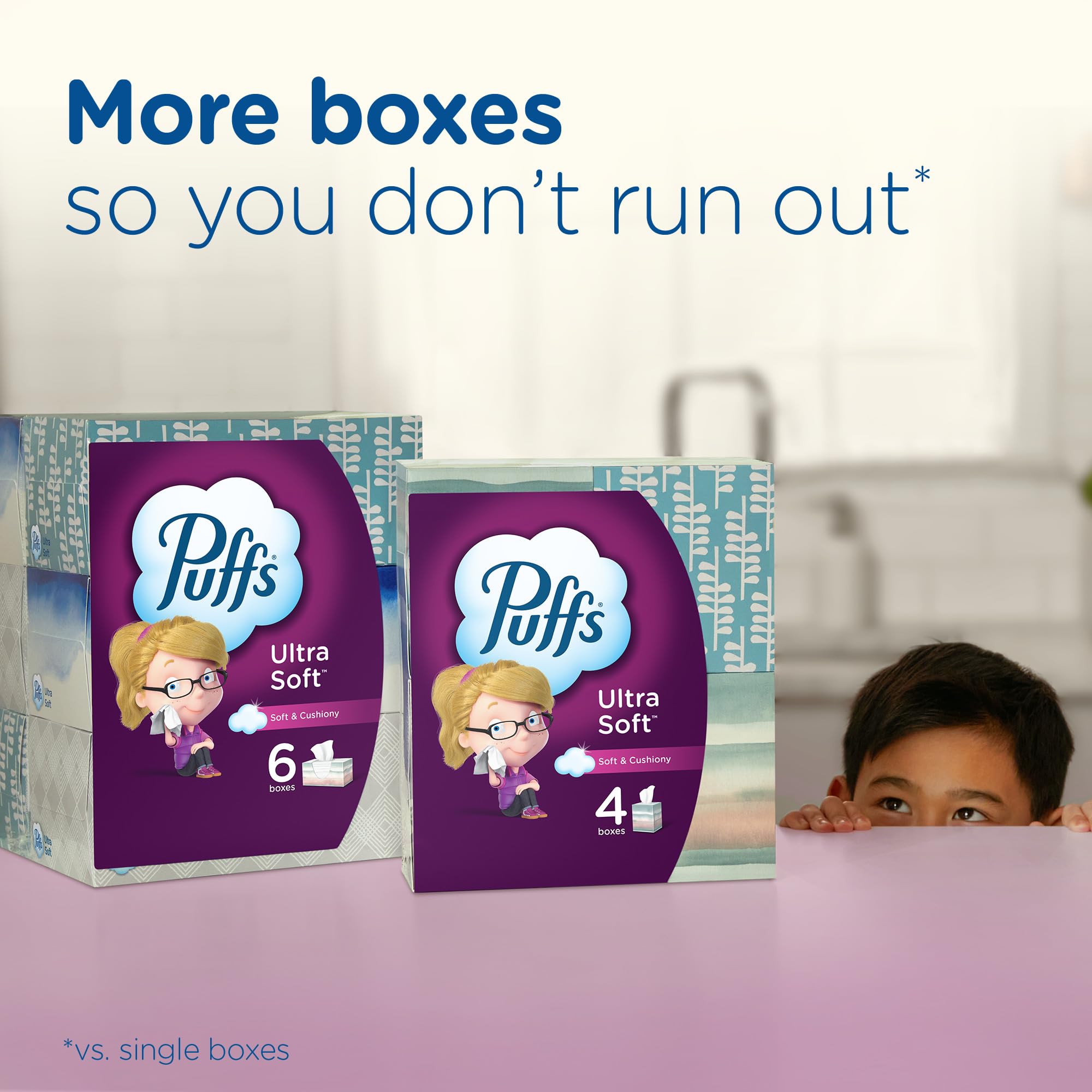 Puffs Ultra Soft Facial Tissues, 4 Mega Cube Boxes (72 Tissues Each) - Hypoallergenic & Lotion-Infused for Gentle Care | Perfect for Home, Office & Travel Use
