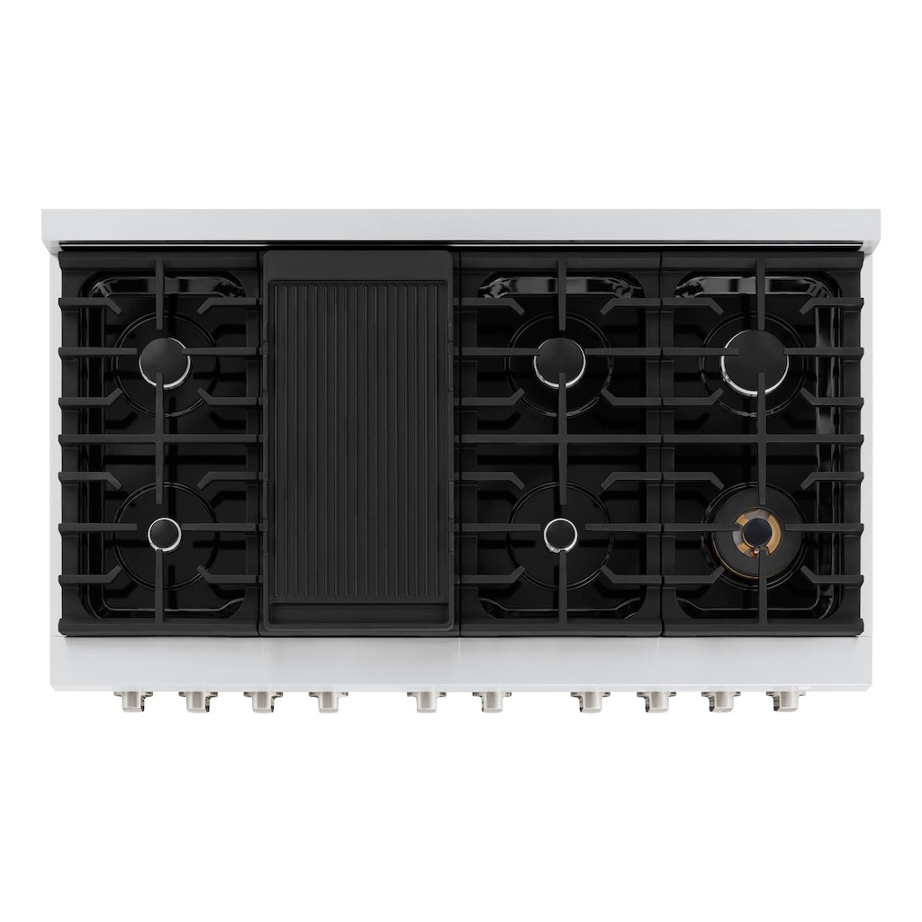 ZLINE 48-inch 6.7 cu. ft. Stainless Steel Double Oven Gas Range with 8-Burner Cooktop & White Matte Doors (SGR WM 48) - Perfect for Large Family Kitchens & Professional Cooking
