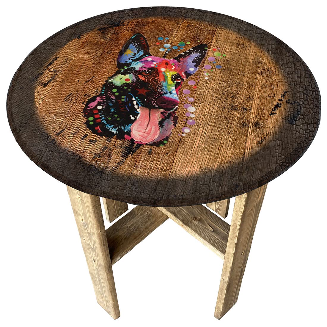 Rustic Round Whiskey Barrel End Table with Neon German Shepherd Design - Perfect for Farmhouse Decor, Pub Gifts & Living Room Accent Furniture