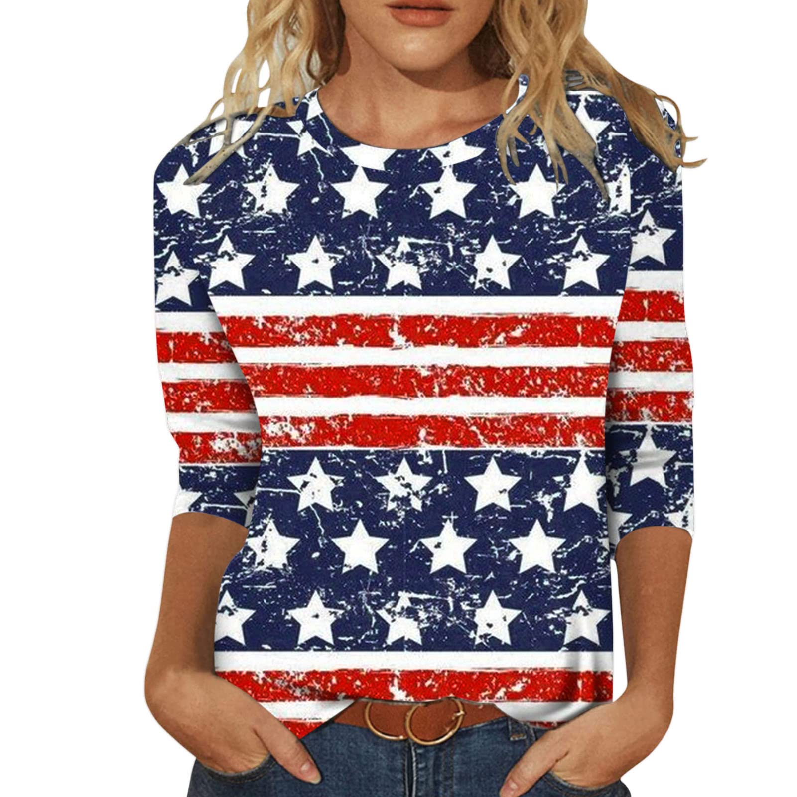 Women's American Flag Printed T-Shirt - Patriotic 3/4 Sleeve Raglan Blouse for Independence Day & Spring | Casual Wear, Festive Outfits, Fourth of July Celebrations
