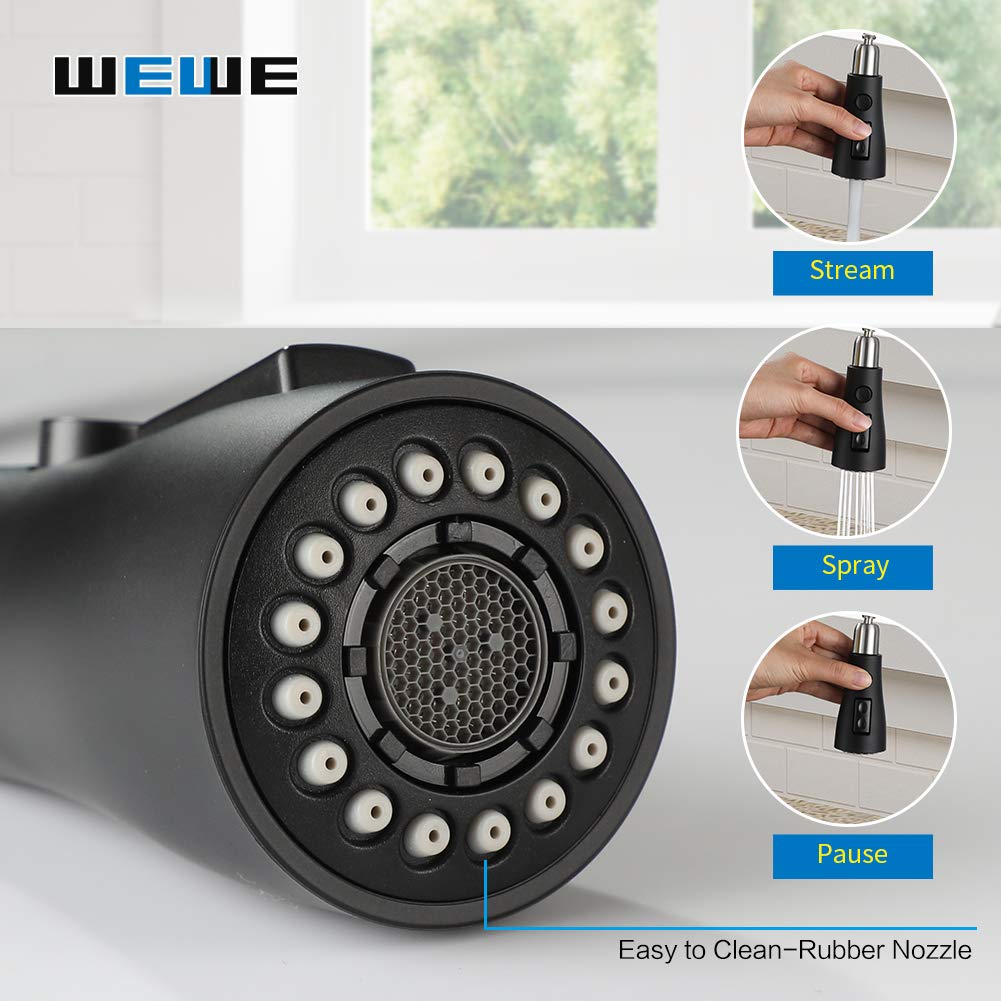 WEWE Commercial Stainless Steel Single Handle Black Kitchen Faucet with Pull Down Sprayer and Soap Dispenser for Modern Kitchen Sinks