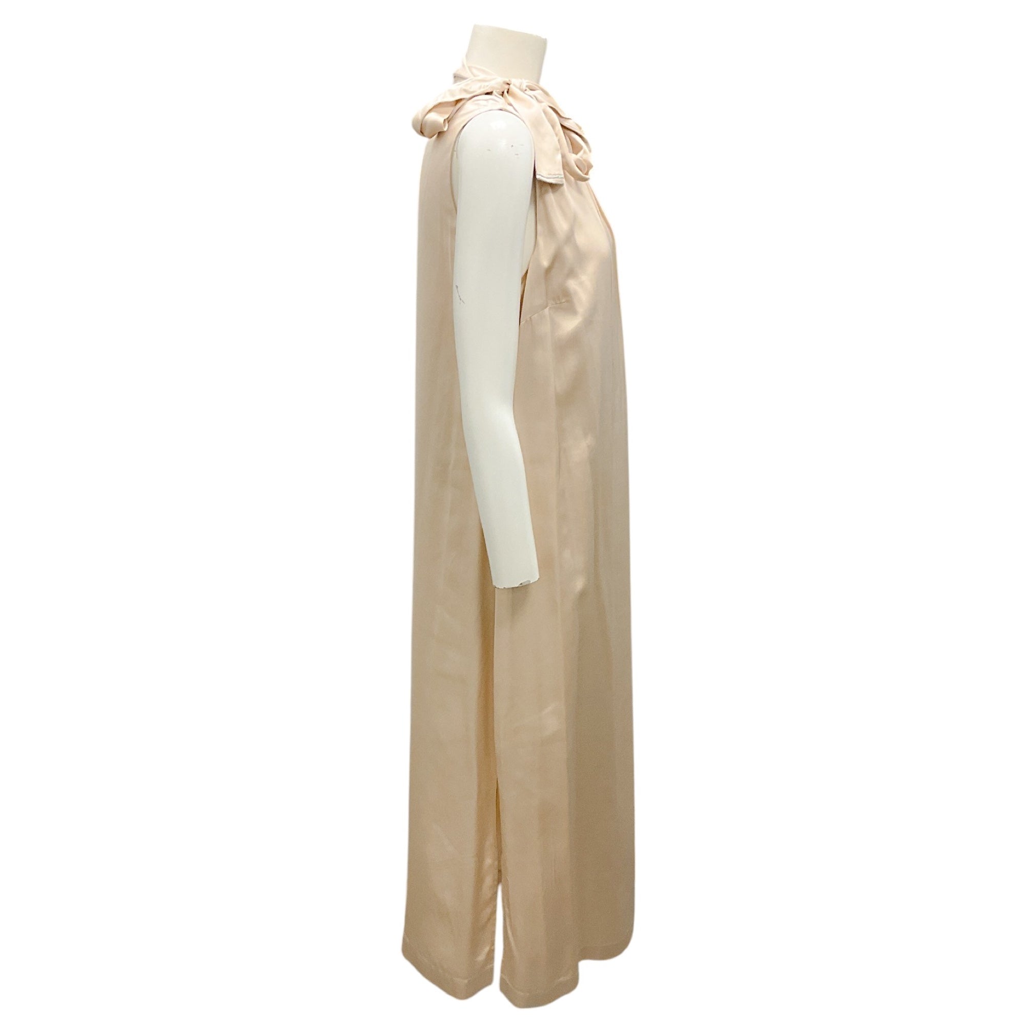 Peserico Champagne Beaded Embellished Tie Neck Sleeveless Satin Midi Dress for Wedding Guest, Cocktail Party & Special Occasions