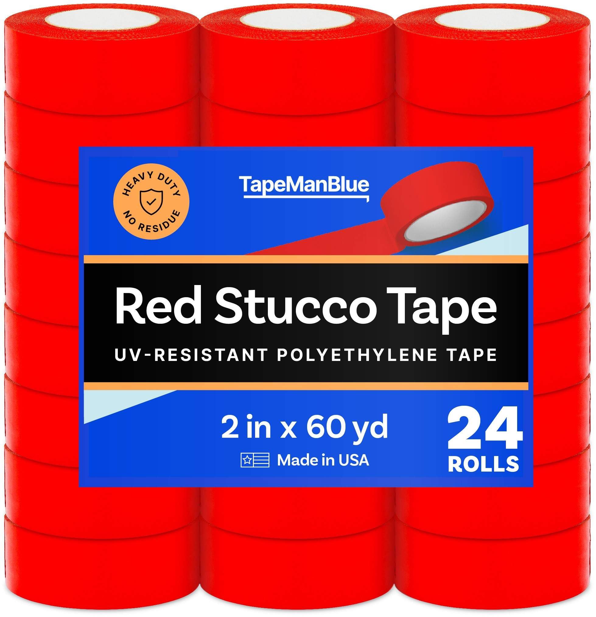 UV Resistant Red Stucco Tape - 2 Inch x 60 Yards Polyethylene (PE) Tape - Case of 24 Rolls - Perfect for Outdoor Construction, Masonry & Weatherproofing Projects