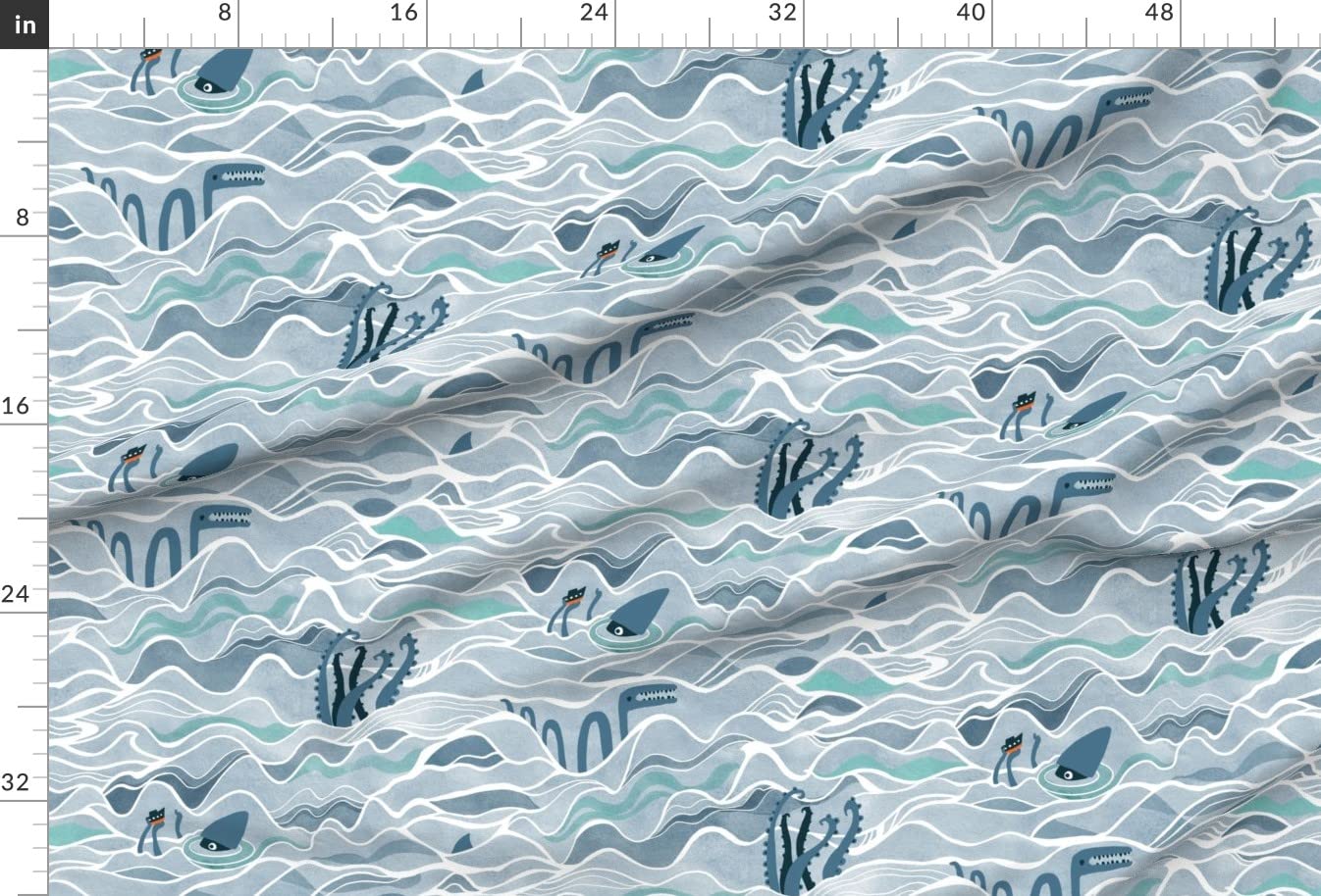 Premium Spoonflower Fabric - Blue Shark & Sea Monster Fantasy Wave Print on Soft Minky Fabric by The Yard - Perfect for Sewing Baby Blankets, Quilt Backing & Plush Toys | Ocean-Themed Nursery Decor & DIY Craft Projects