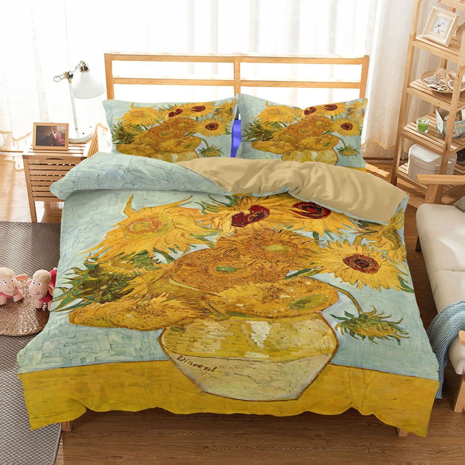 California King Size Blue Sunflower Oil Painting Duvet Cover Set - Microfiber Comforter with Zipper Closure (104