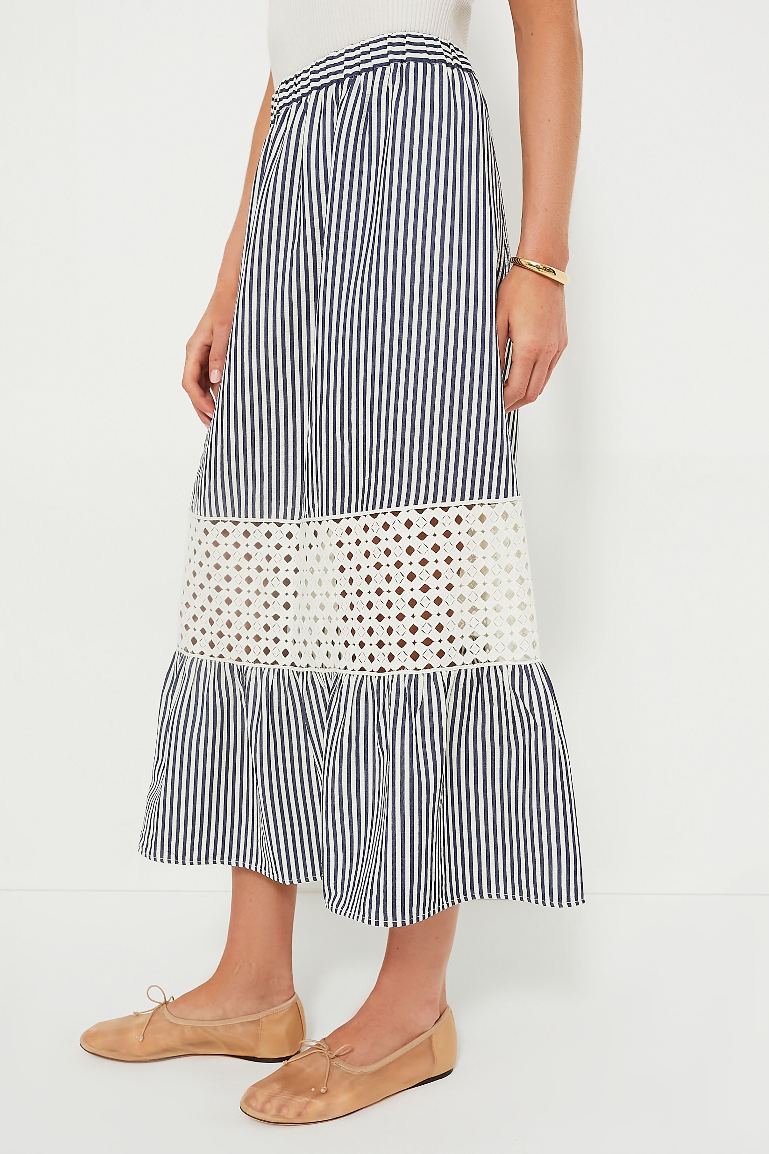 Blue Stripe Eyelet Hana Skirt - Floral Lace Summer Dress for Women | Perfect for Beach Vacations, Garden Parties & Boho Fashion