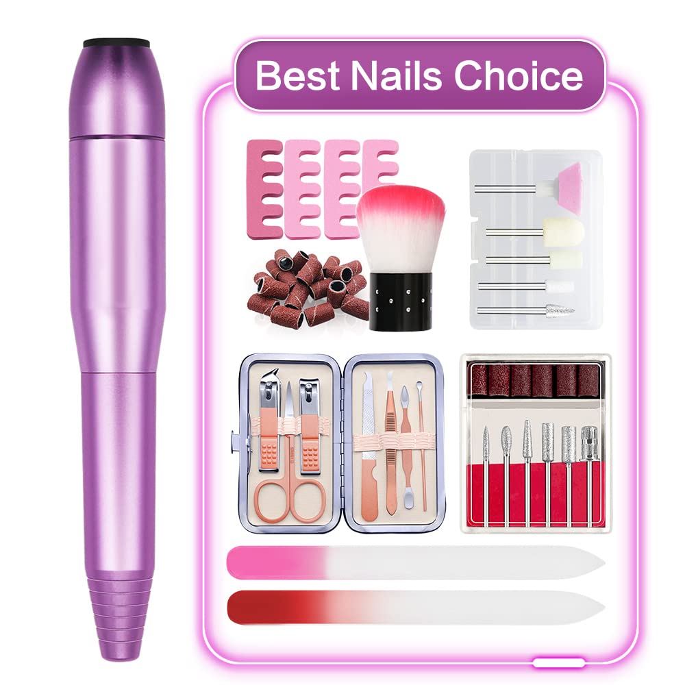 Professional Electric Nail Drill Kit for Acrylic Nails - Foranyo Cordless Nail File & Efile with Nail Clippers & Accessories (Purple) | Perfect for Salon, Home Manicures & Nail Art Designs