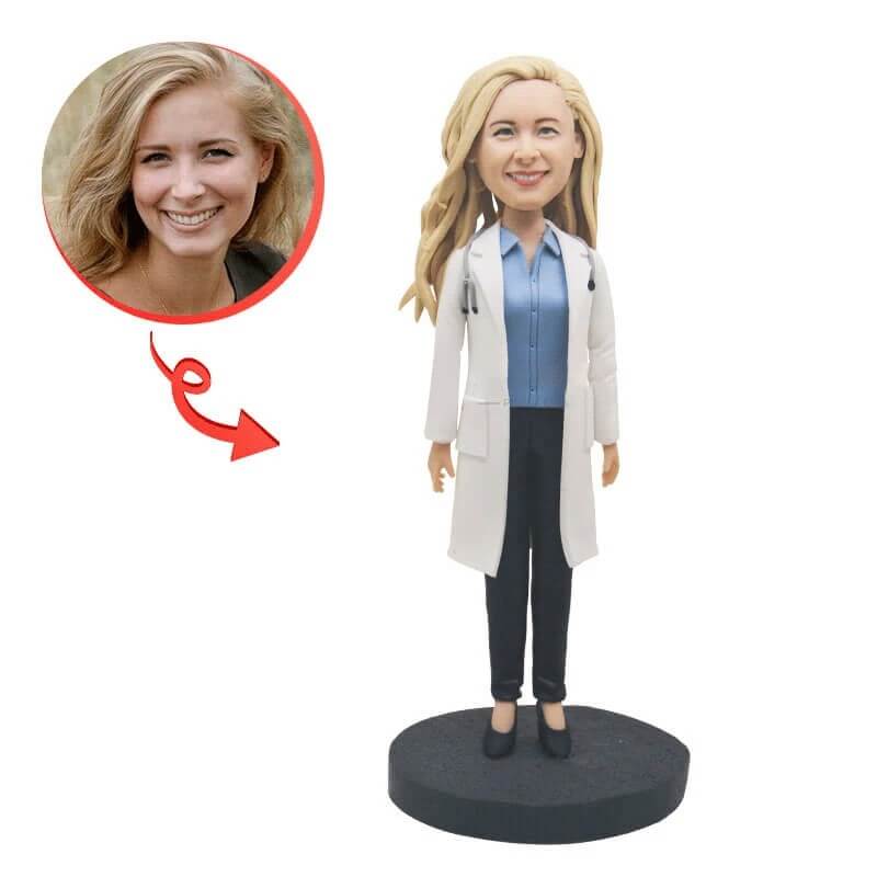 Custom Female Doctor Bobblehead with Lab Coat & Stethoscope - Unique Medical Gift for Nurses, Physicians & Healthcare Professionals - Perfect for Office Desk Decor, Medical Graduation & Appreciation Gifts
