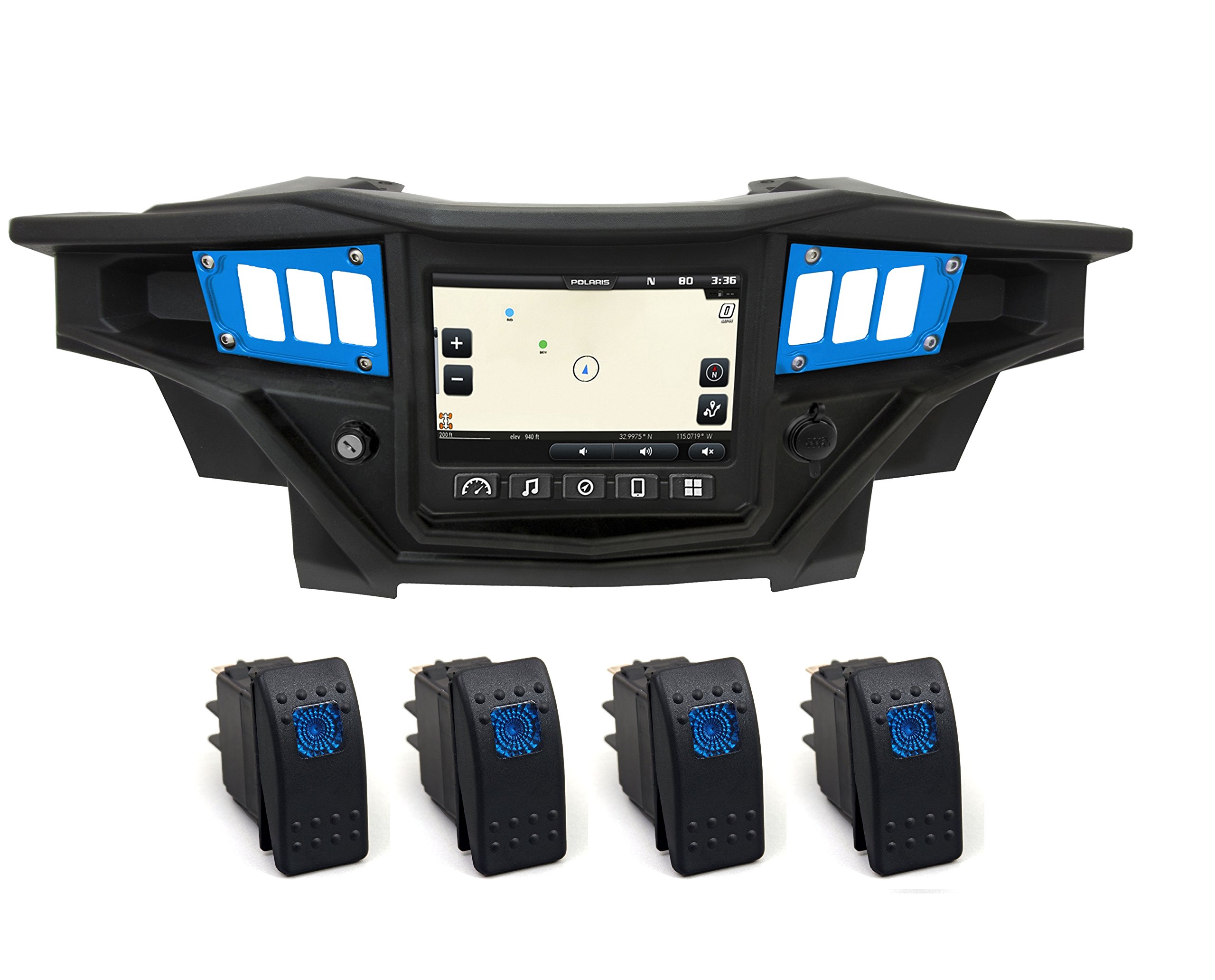 STV Motorsports Custom Switch Dash Panel Plates for 2017-2018 Polaris RZR XP 1000 RIDE COMMAND - 4 Free Rocker Switches Included - 100% Made in USA - Blue - Perfect for Off-Roading & UTV Accessories