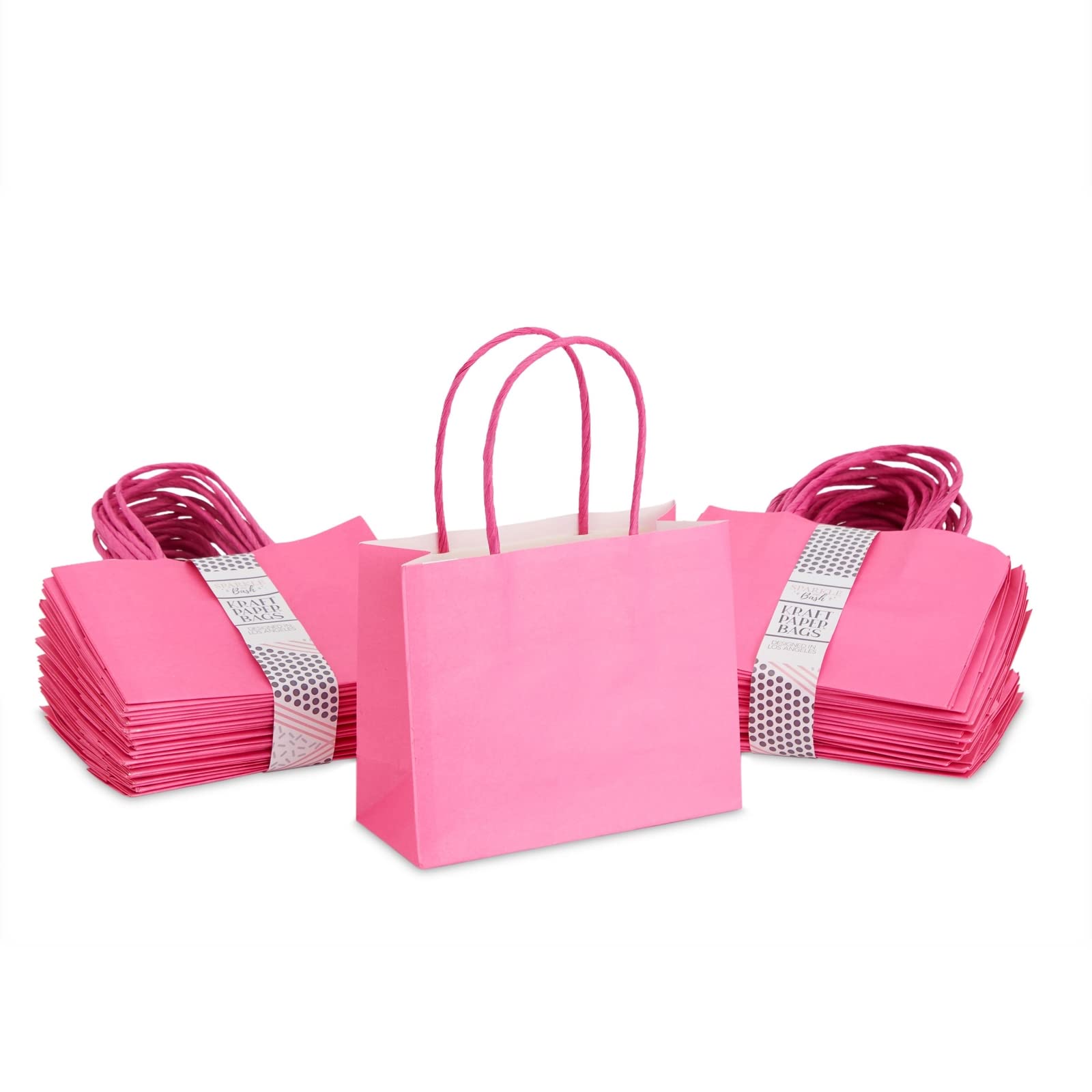 50 Pack Mini Pink Gift Bags with Handles - 6x5x2.5 Inch Bulk Kraft Party Favor Bags for Birthday, Baby Shower, Wedding Favors & Christmas Gift Wrapping