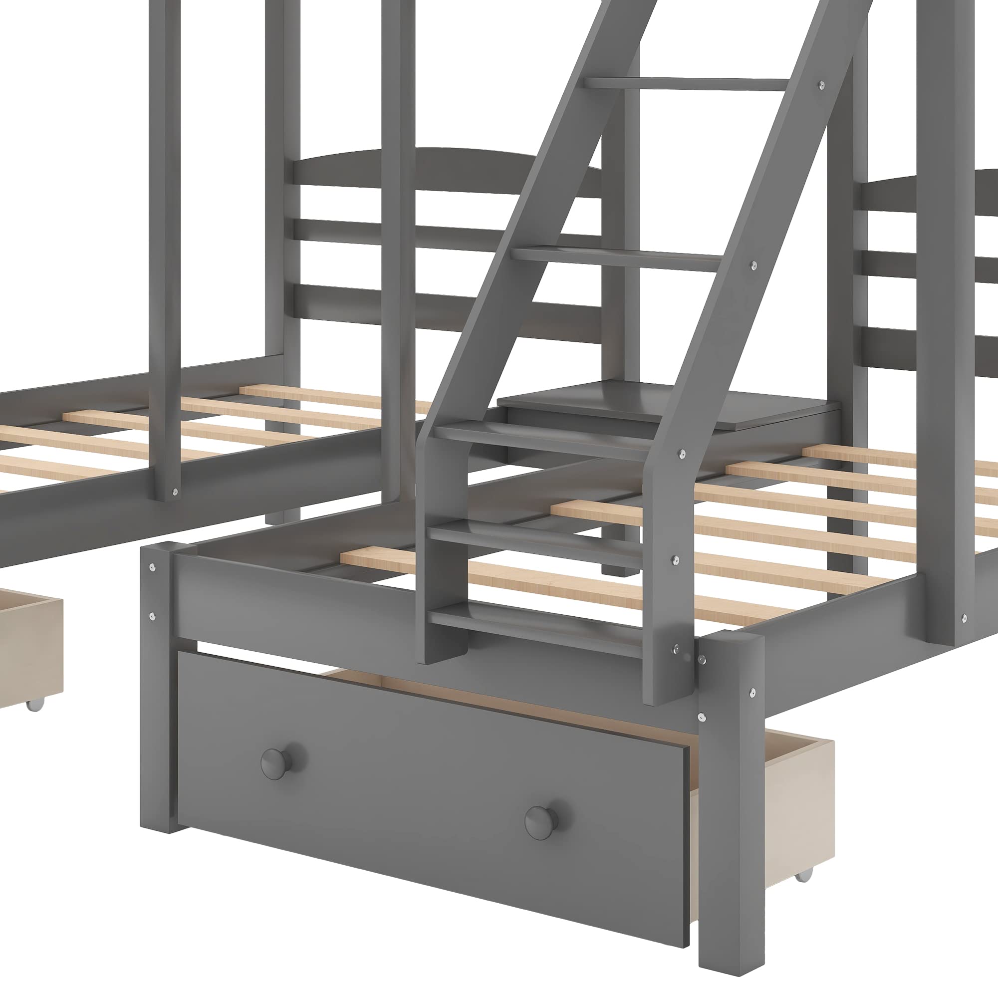 Harper & Bright Designs Full Over Twin & Twin Bunk Bed with Drawers - Solid Wood Triple Bunk Bed Frame with Safety Guardrails - Space Saving Kids Bedroom Furniture in Grey - Perfect for Shared Rooms, Sleepovers & Small Spaces