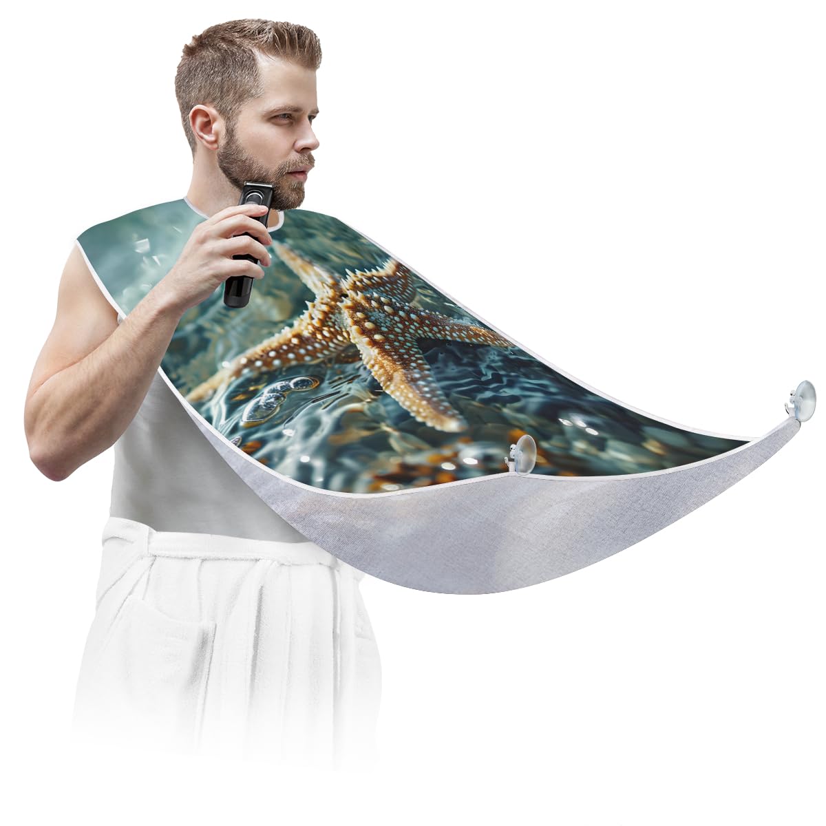 Men's Sea Shell Starfish Beard Shaving Bib - Waterproof Hair Dye Apron for Barbers & Stylists - Sink Hair Catcher for Beard Trimming & Lineup - Perfect Gift for Grooming & Salon Use