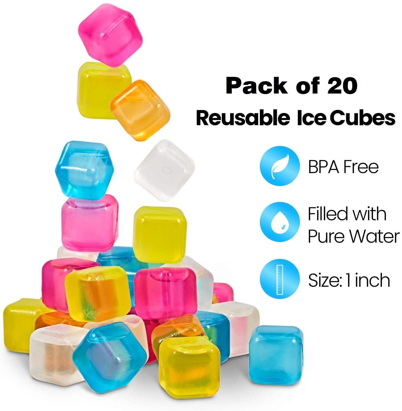 RIANZ Pack of 20 Square Reusable Ice Cubes with Pure Water - Multi Color Set for Whiskey, Cocktails & Beverages - Perfect for Parties, BBQs & Home Bars