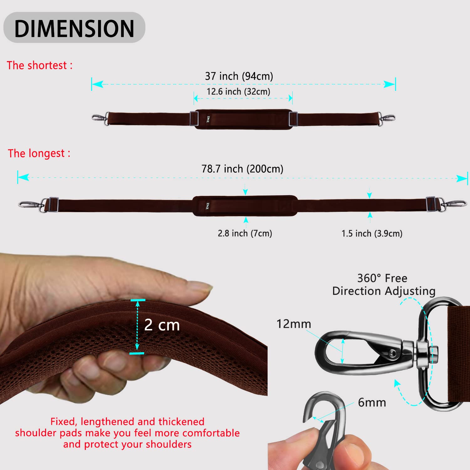 ZINZ 79-inch Universal Replacement Shoulder Strap - Extra Thick Padded Cushion with Dual Metal Clasps & Swivel Hooks for Laptop Bags, Luggage, Camera Cases & Crossbody Bags (200cm, Brown) - Perfect for Travel, Work Commute & Everyday Carry