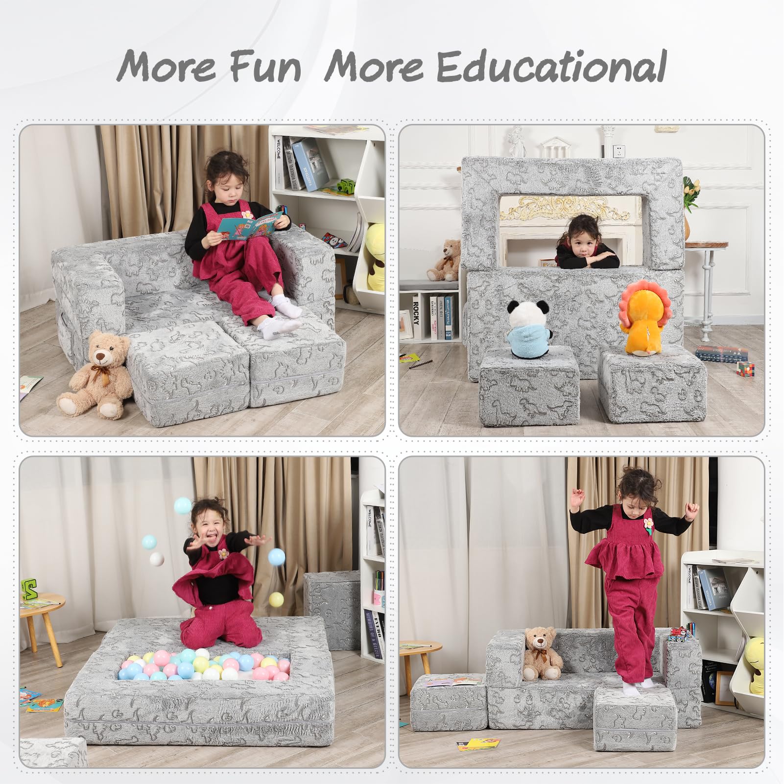 3-in-1 Glow in The Dark Kids Play Couch Set for Toddlers - Foldable Sofa with Storage, Soft Grey Children's Furniture for Playroom, Bedroom & Indoor Playtime