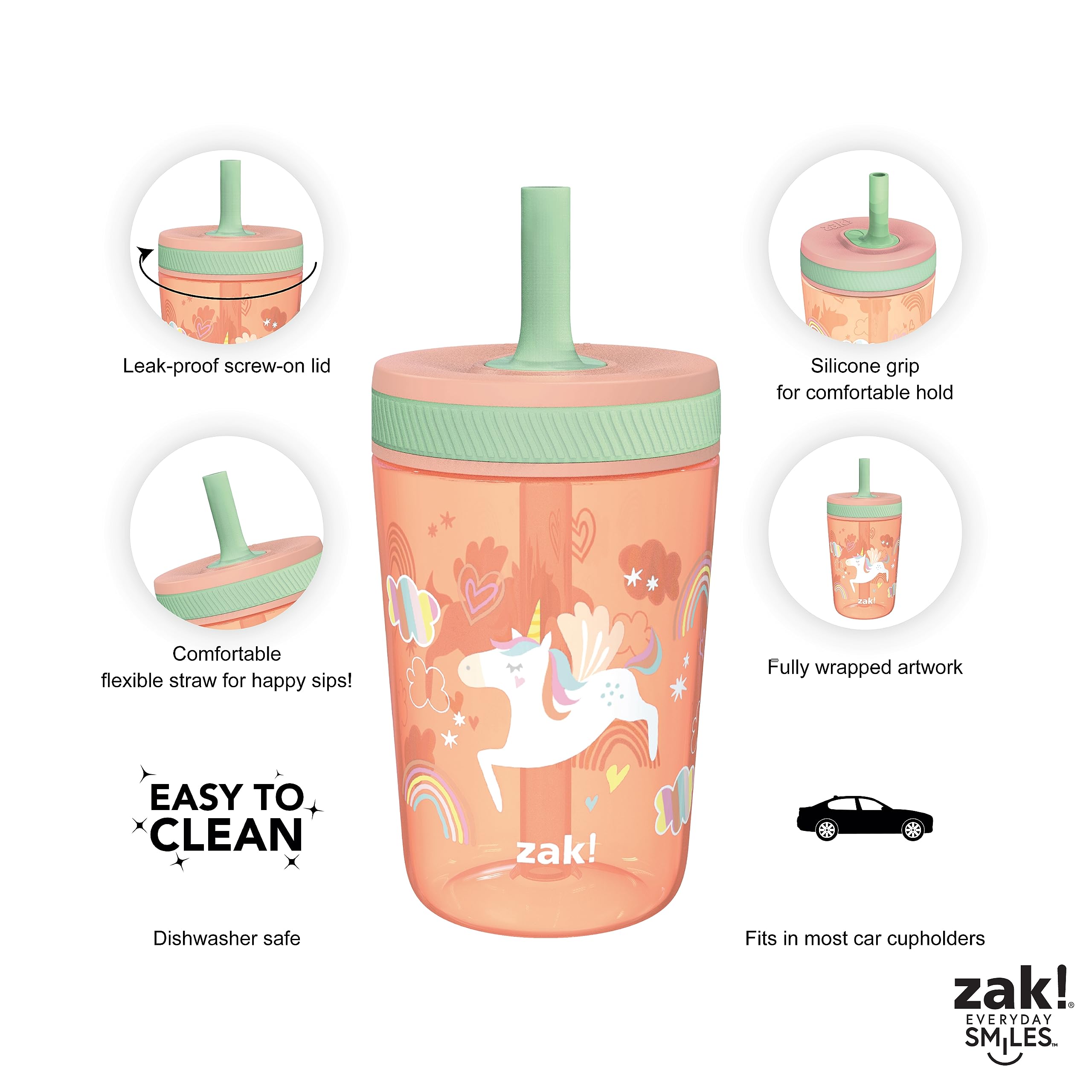 Zak Designs Kelso 15 oz Tumbler Set with Unicorn Design - BPA-Free, Leak-Proof Screw-On Lid & Straw | Munchkin Splash Toddler Cups 7 Oz 4-Pack with Training Lids | Perfect for Kids' Drinks, School Lunch, Picnics & Travel