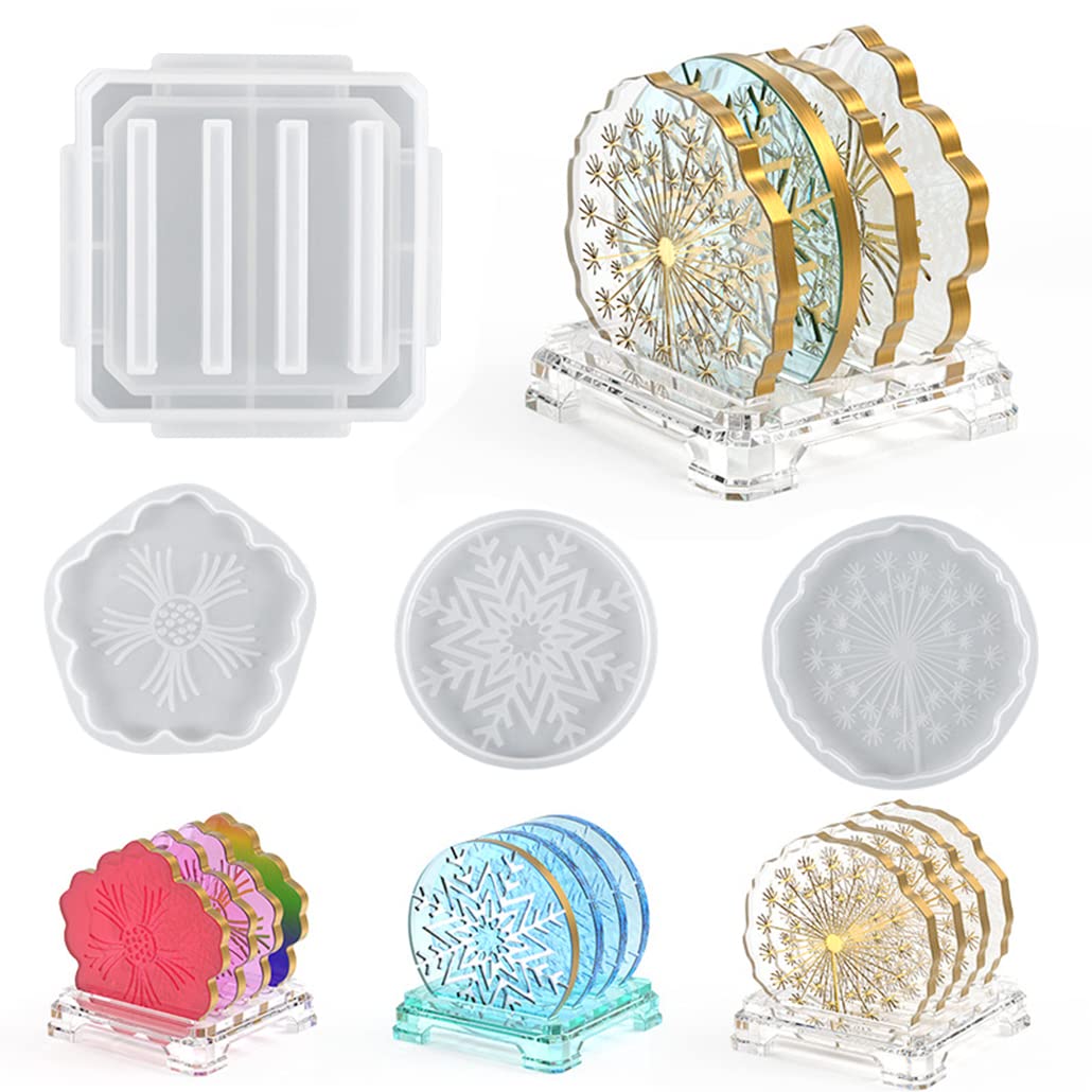 5-Piece Snowflake Resin Coaster Mold Set with Stand Holder - Round Silicone Epoxy Casting Molds for DIY Coasters, Cup Mats & Tray Decor - Perfect for Home, Office & Gift Making