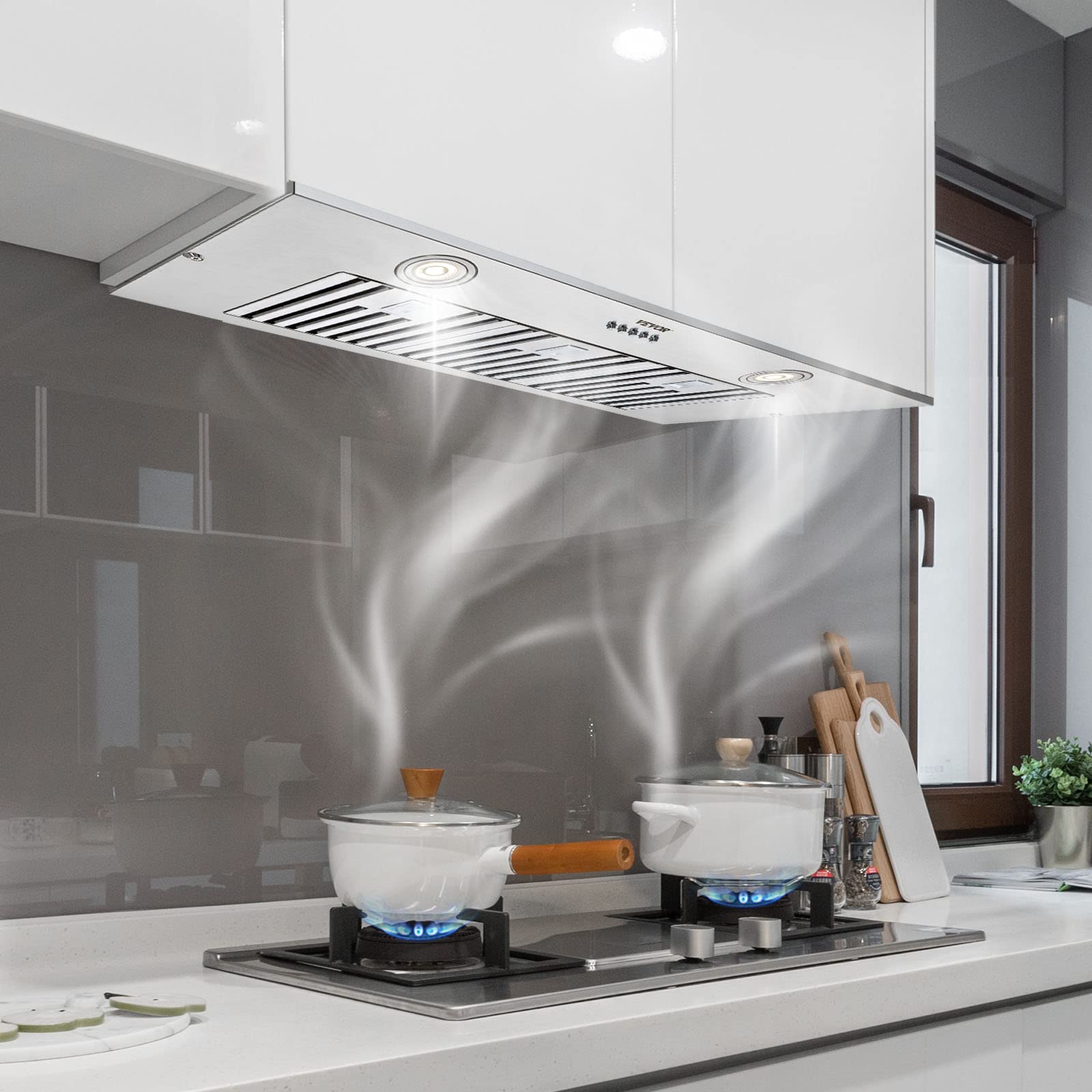 VEVOR 36 Inch 800CFM 3-Speed Stainless Steel Insert Range Hood with LED Lights & Baffle Filters - Ducted/Ductless Convertible Kitchen Ventilation for Home & Restaurant Use - ETL Certified