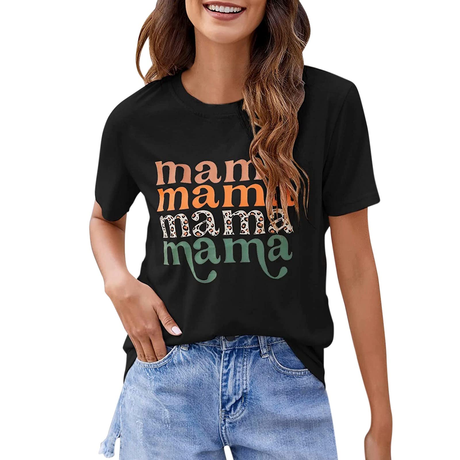 Women's Mama Graphic Tee - Loose Fit Cotton Short Sleeve T-Shirt for Summer | Casual Black Top for Moms, Pregnancy Announcement & Family Outfits